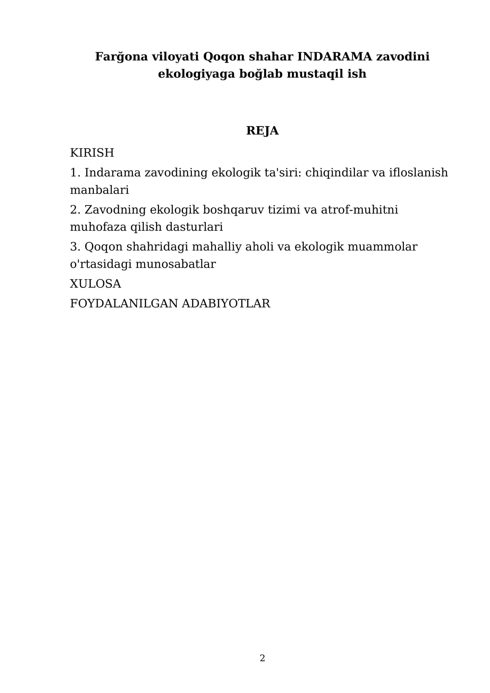 Farğona viloyati Qoqon shahar INDARAMA zavodini ekologiyaga boğlab mustaqil ish 2