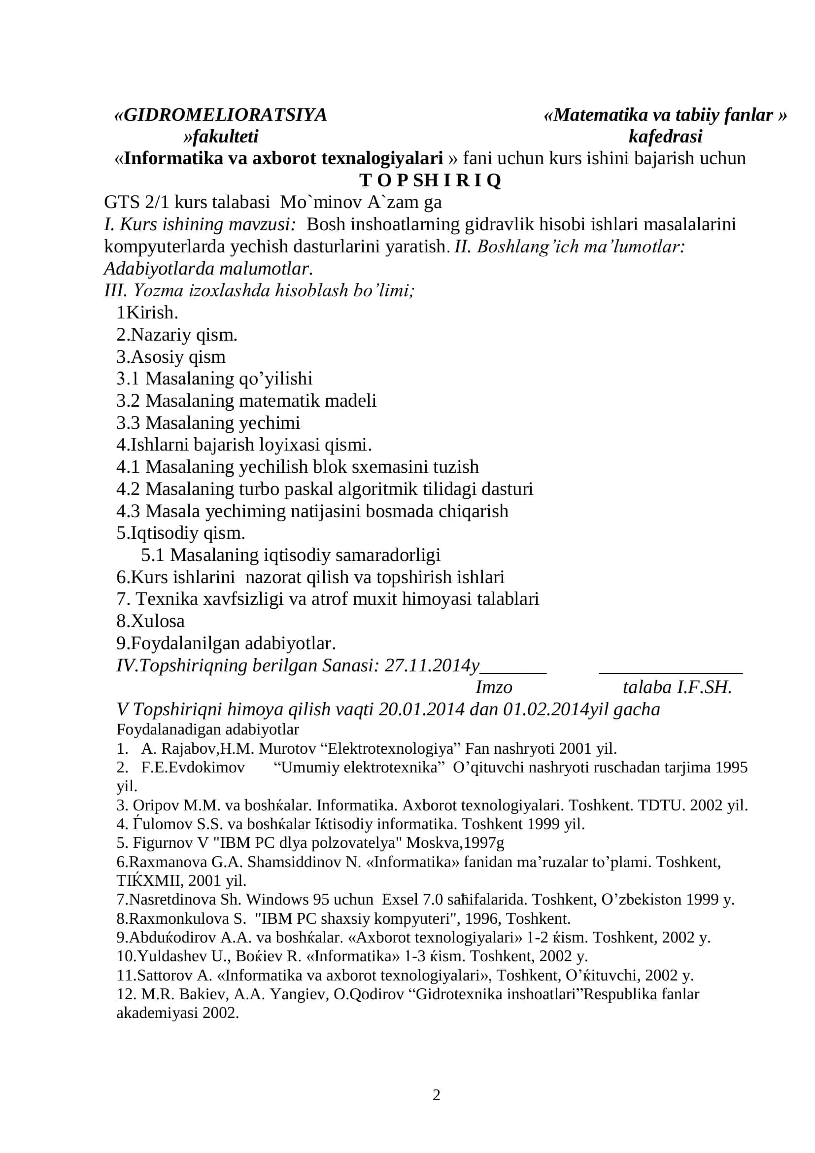Bosh inshoatlarning gidravlik hisobi ishlari 2