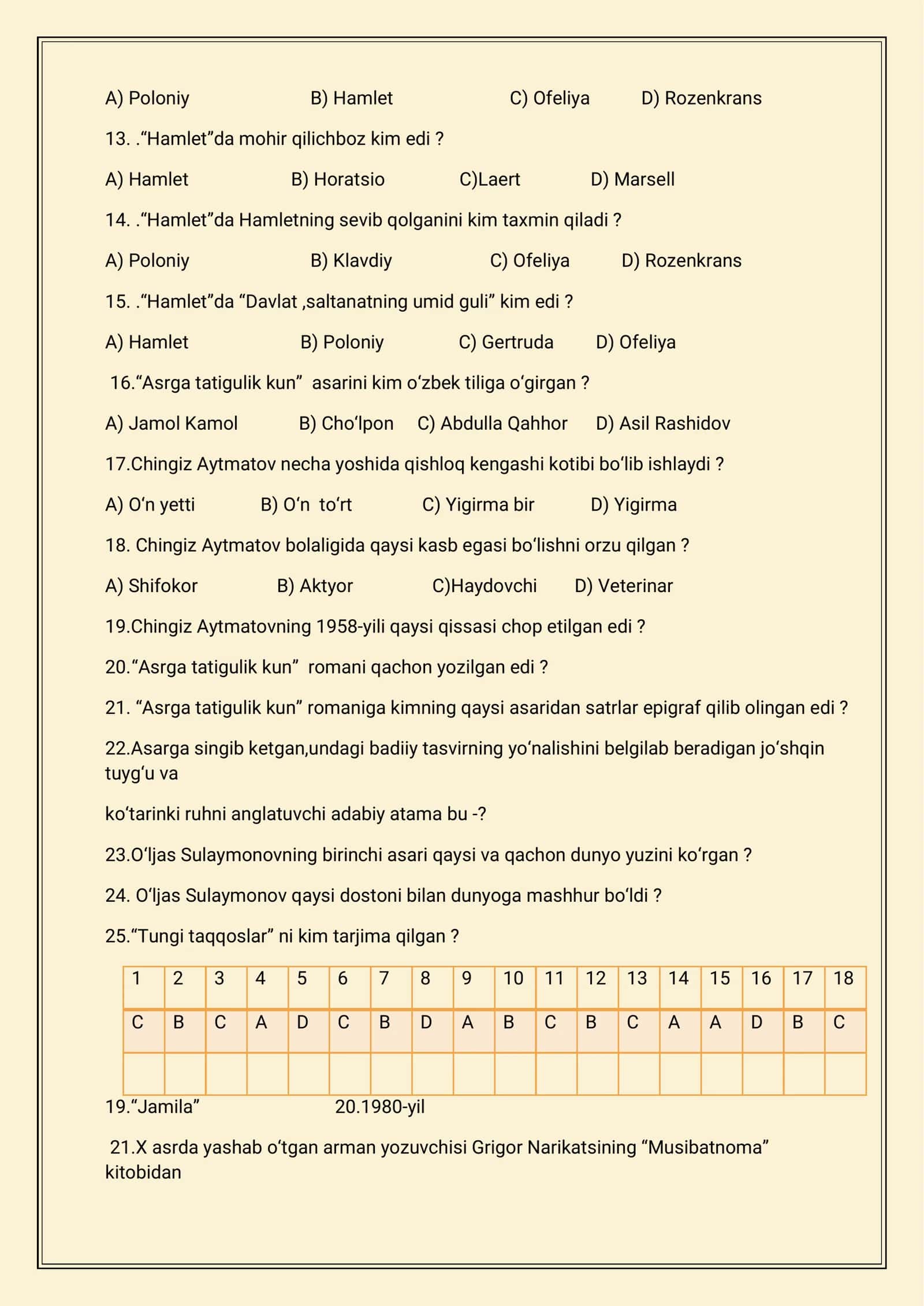 9-sinf adabiyot fanidan 4-chorak testi 2