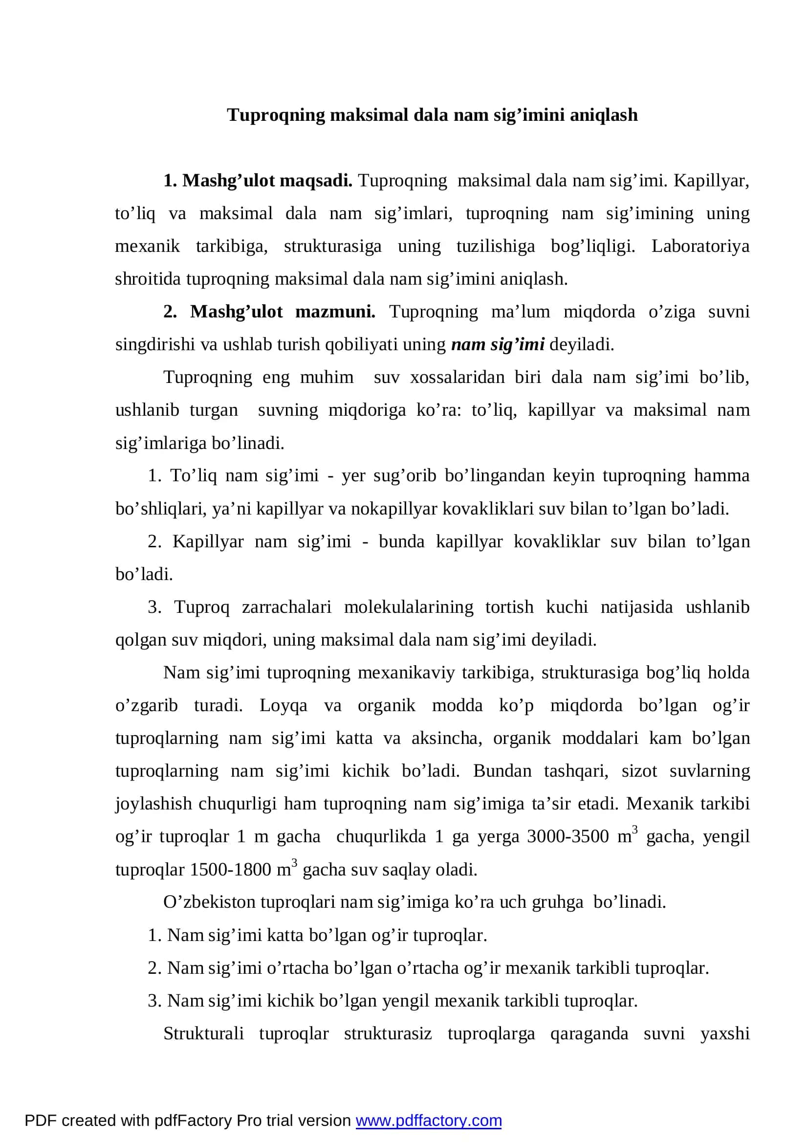 Tuproqning maksimal dala nam sig’imini aniqlash 2