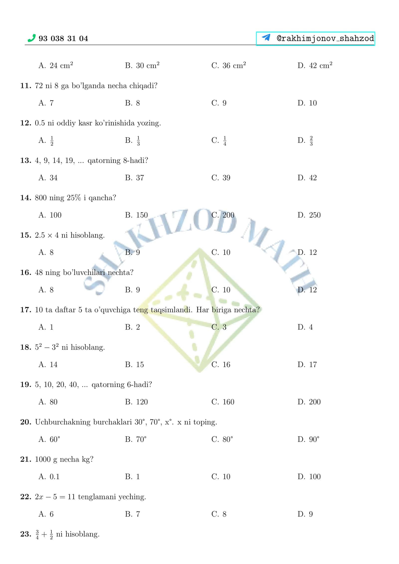 Matematika testlari (2–4-sinflar) 2