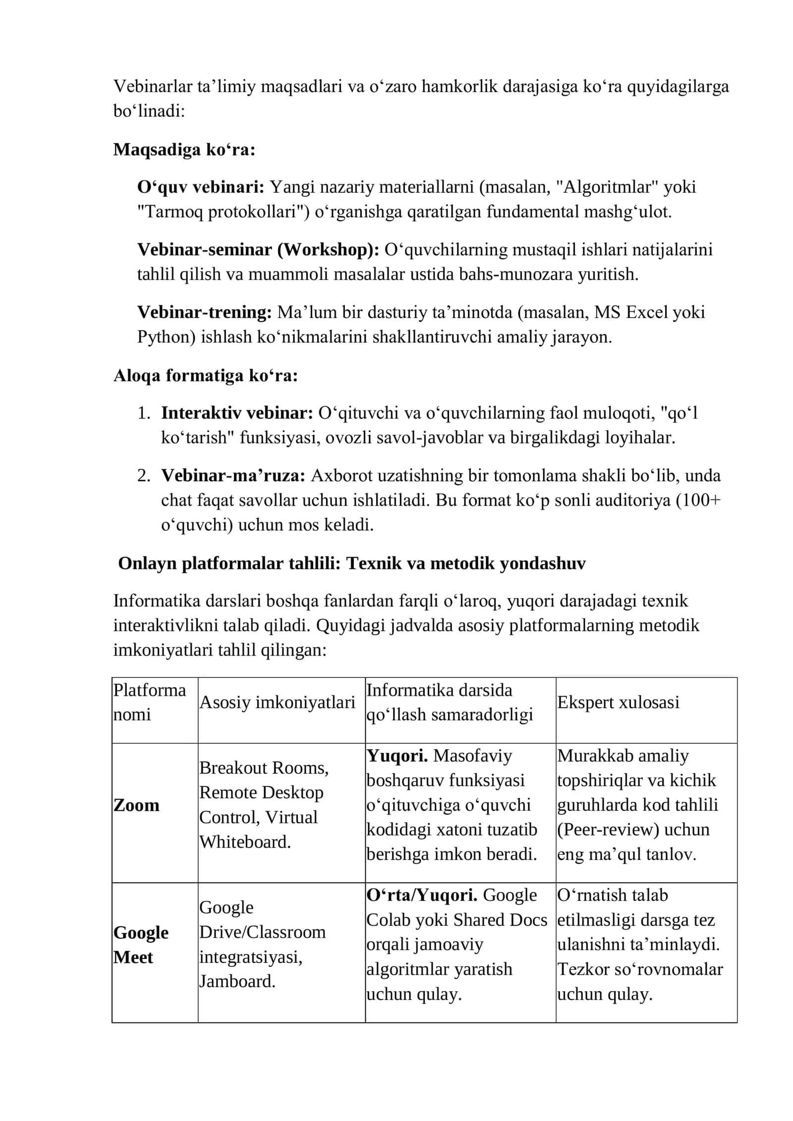 Informatika va axborot texnologiyalari fanidan vebinar darslarni tashkil etish metodikasi 2