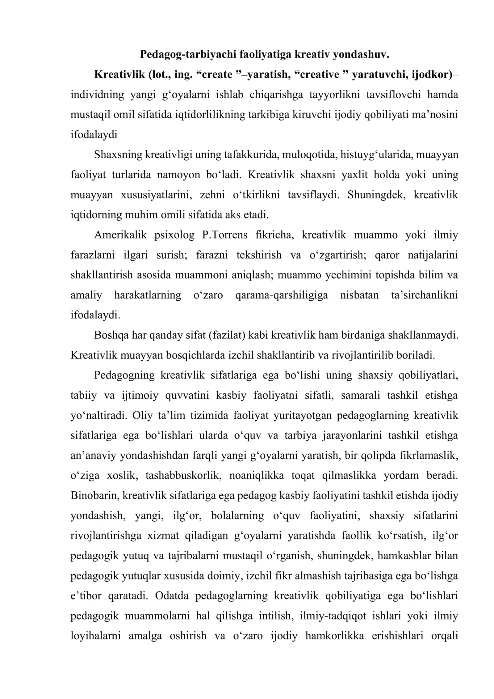 Tarbiyachi pedagogik faoliyatiga kreativ yondashuv 2