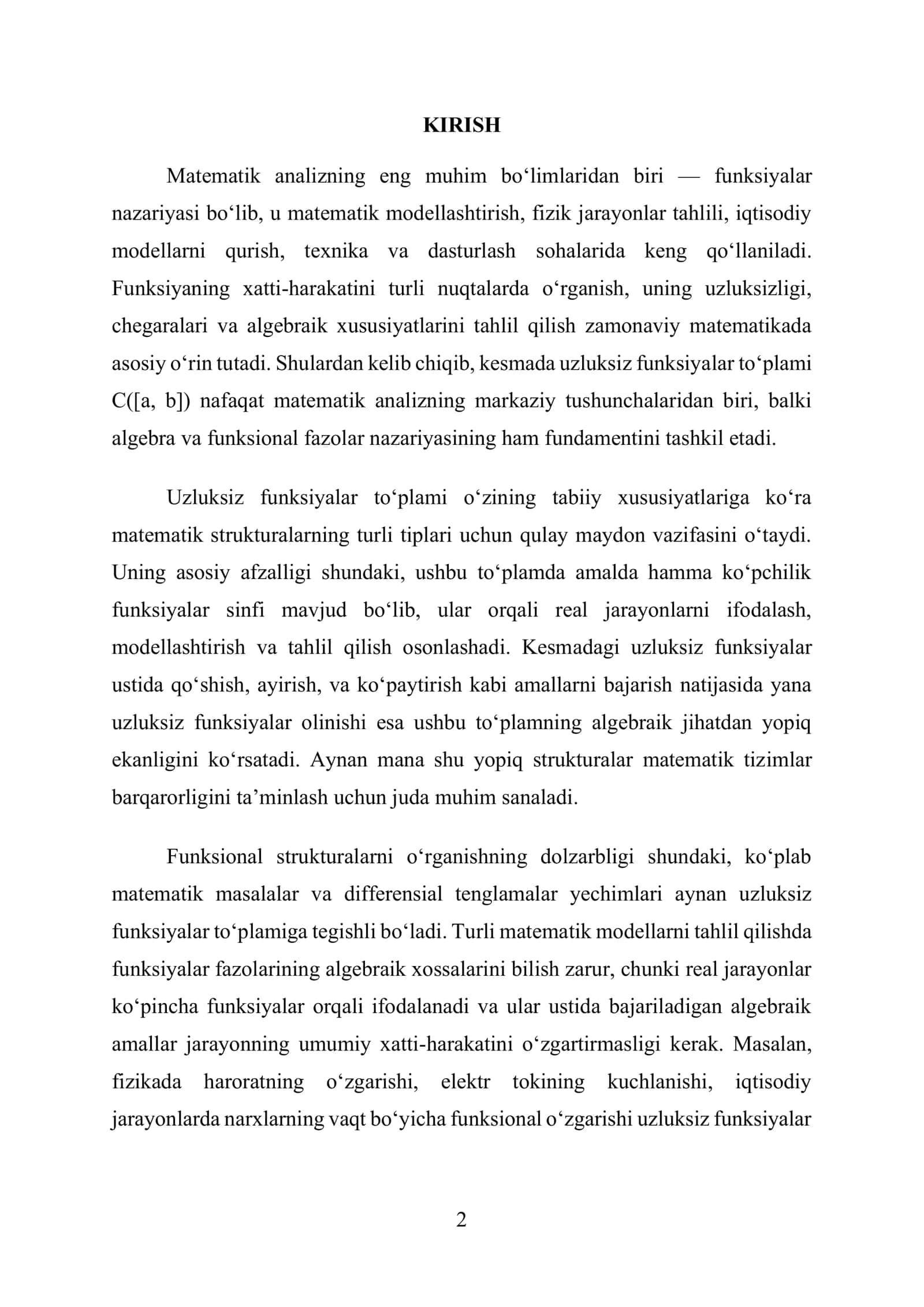 Kesmada uzluksiz funksiyalar to‘plamidagi algebraik strukturalar 2