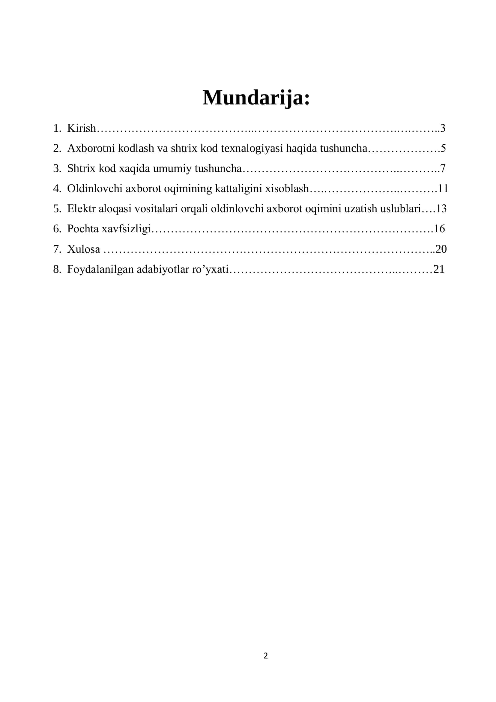 Axborotni kodlash. Oldinlovchi axborot oqimini aloqa kanallari vositasida uzatish 2