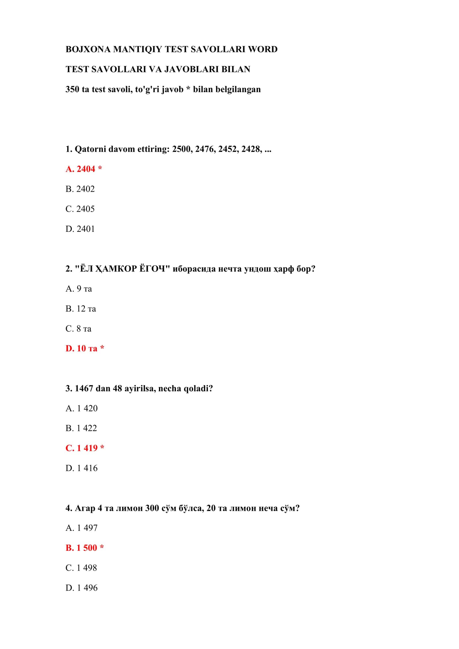 BOJXONA MANTIQIY TEST SAVOLLARI WORD 2