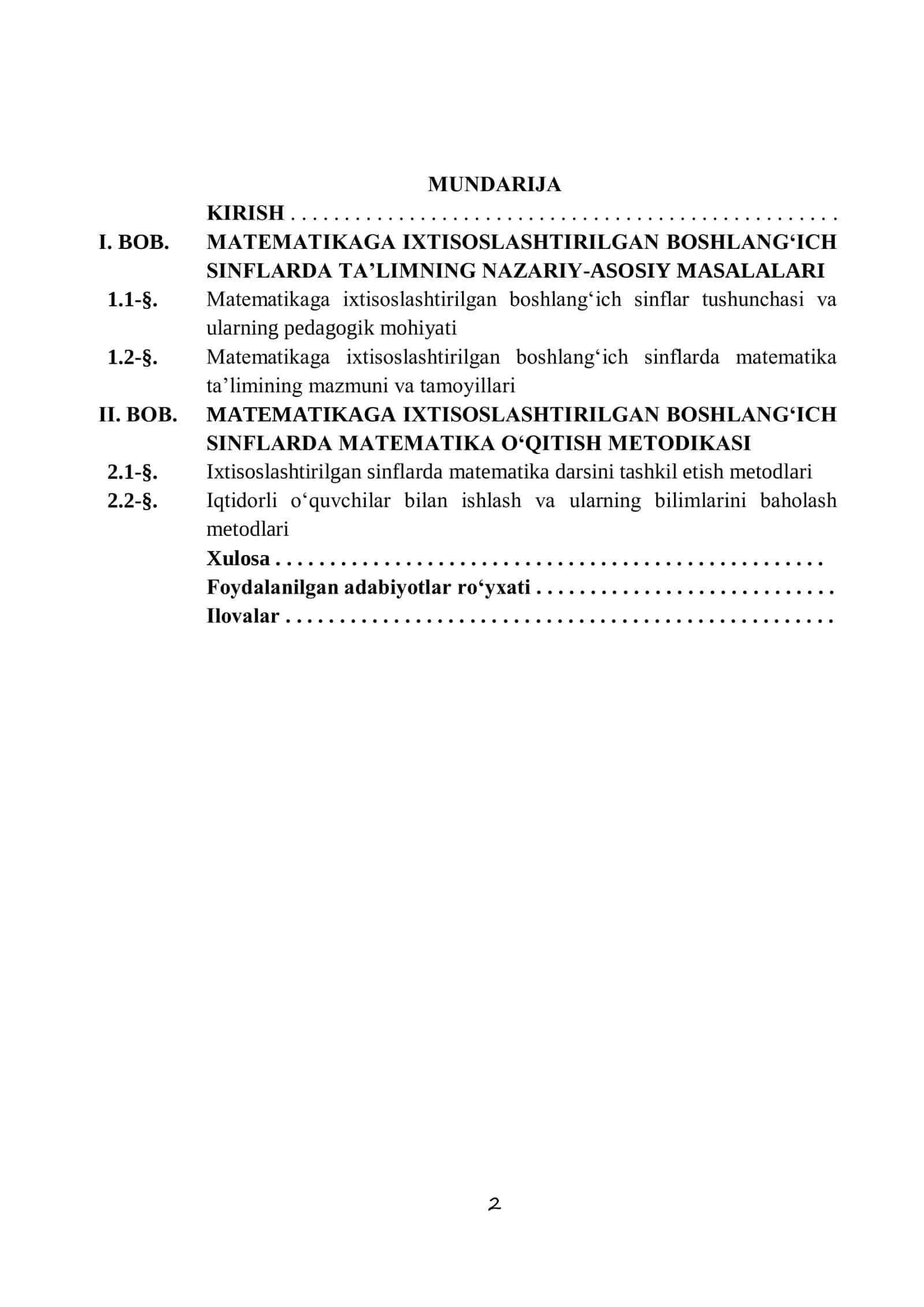 MATEMATIKAGA IXTISOSLASHTIRILGAN BOSHLANG‘ICH SINFLARDA MATEMATIKA O‘QITISH METODIKASI 2