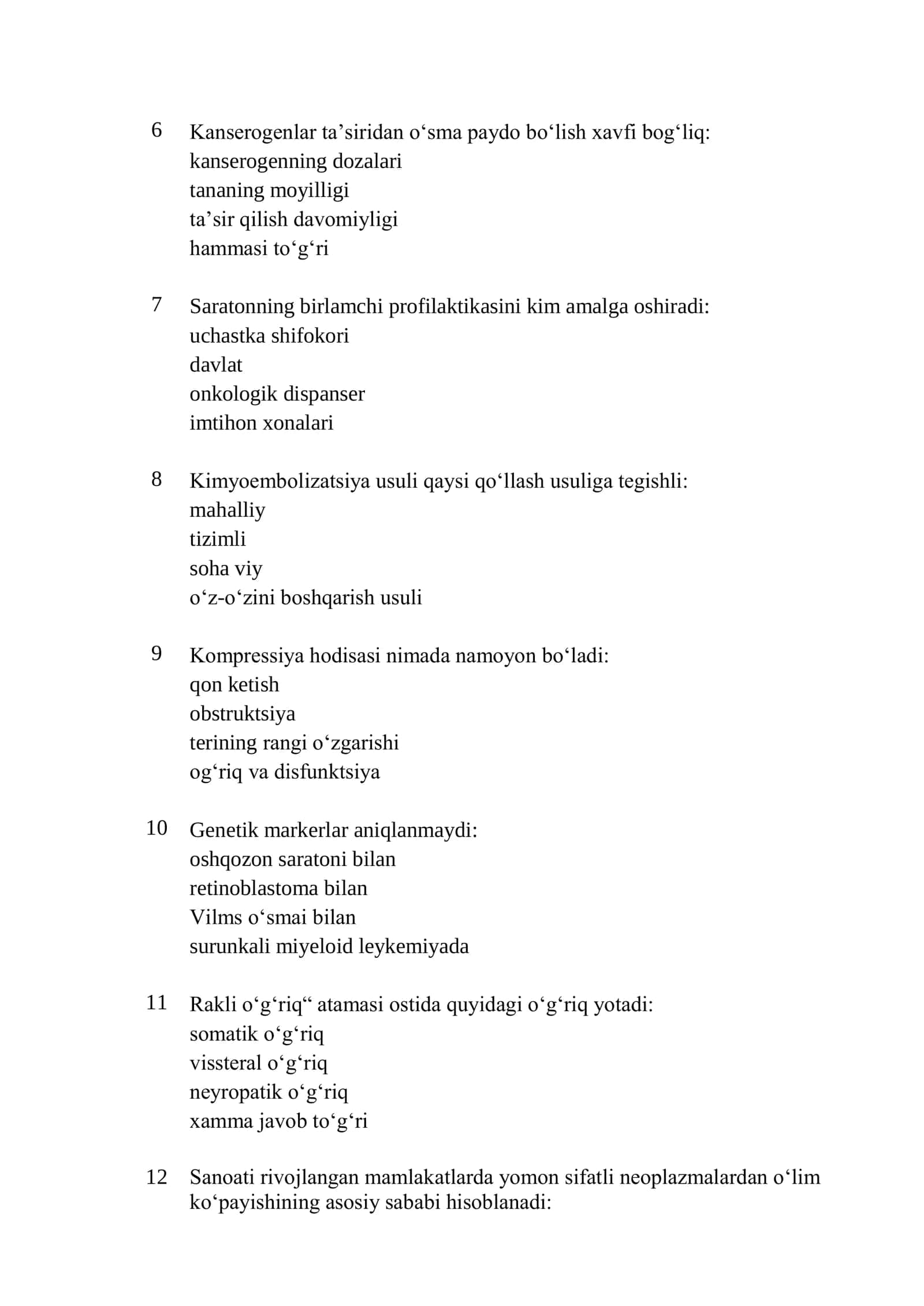 Onkoxirurgiya test savollari roʻyxati 2026 2