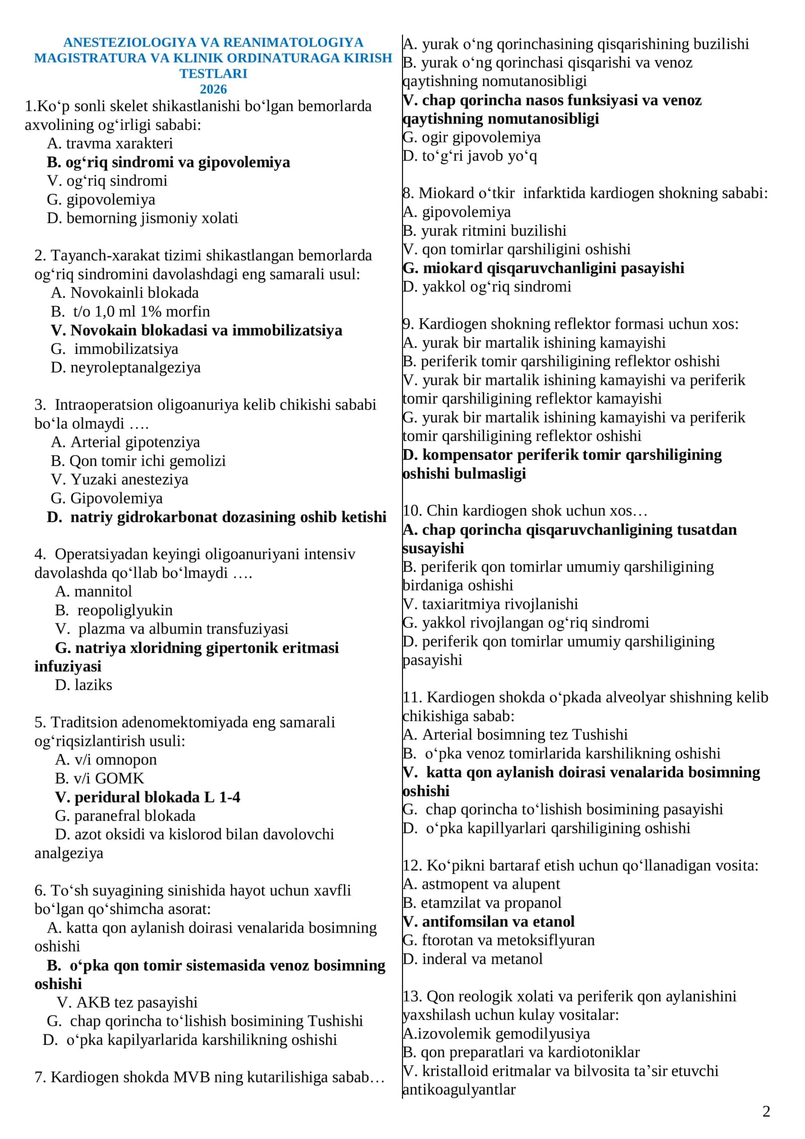 ANESTEZIOLOGIYA VA REANIMATOLOGIYA MAGISTRATURA VA KLINIK ORDINATURA KIRISH TESTLARI 2026 YIL 2