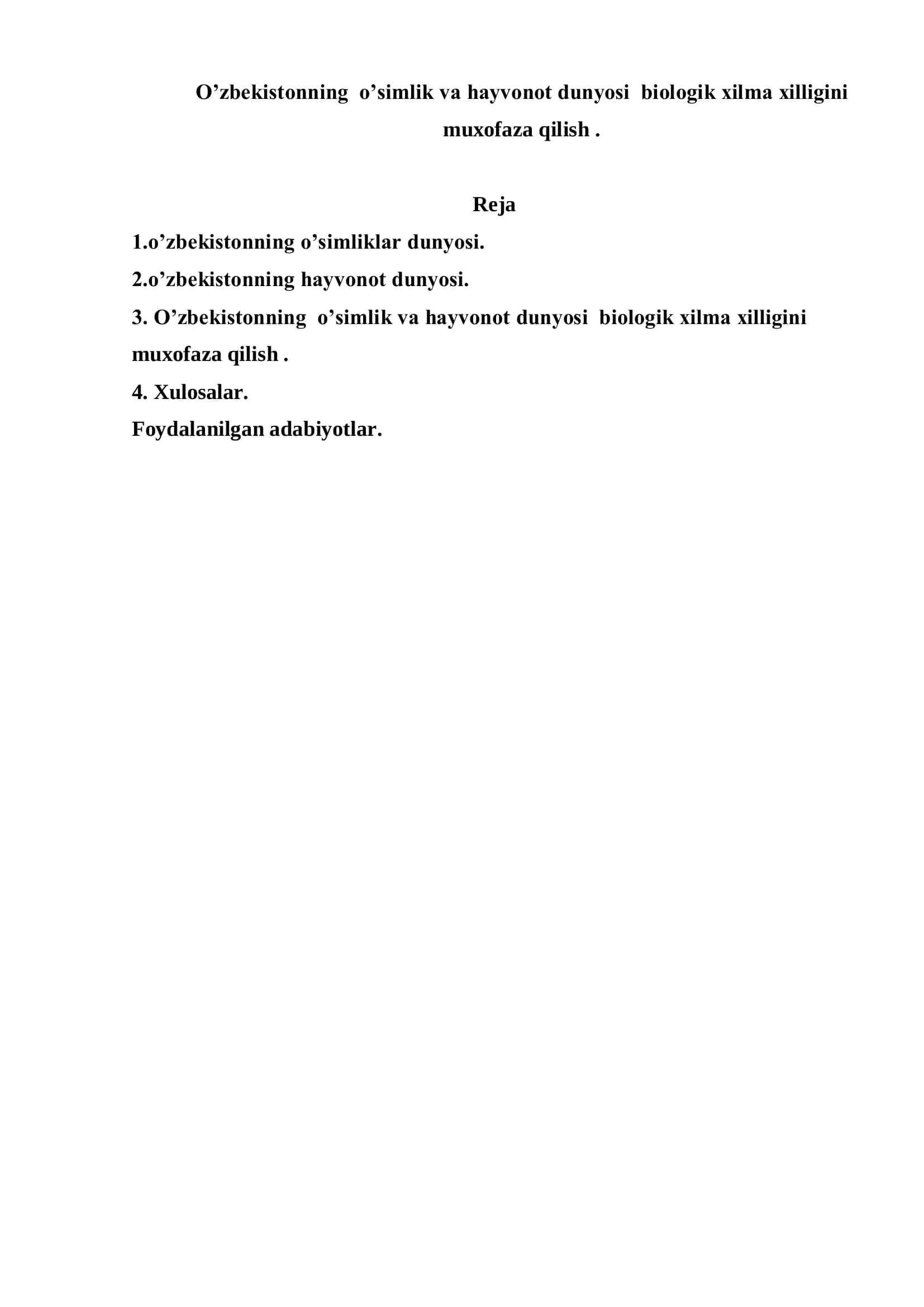 O’zbekistonning o’simlik va hayvonot dunyosi biologik xilma xilligini muxofaza qilish 2