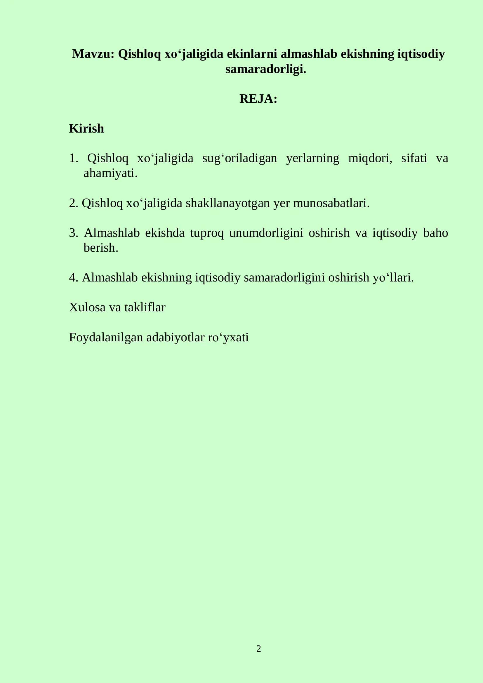 Qishloq xо'jaligida ekinlarni almashlab ekishning iqtisodiy samaradorligi 2