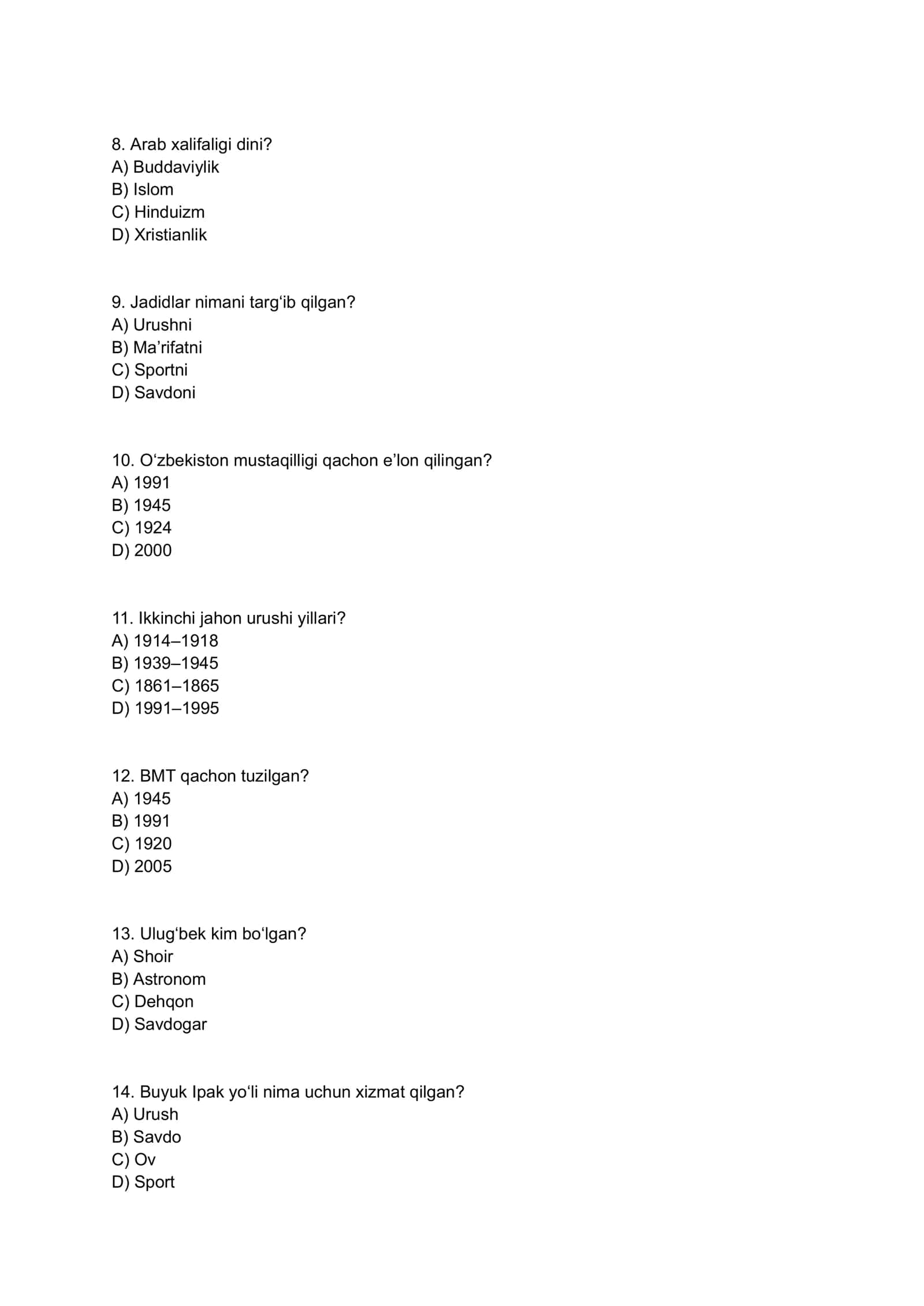 Tarix fanidan test savollari 2