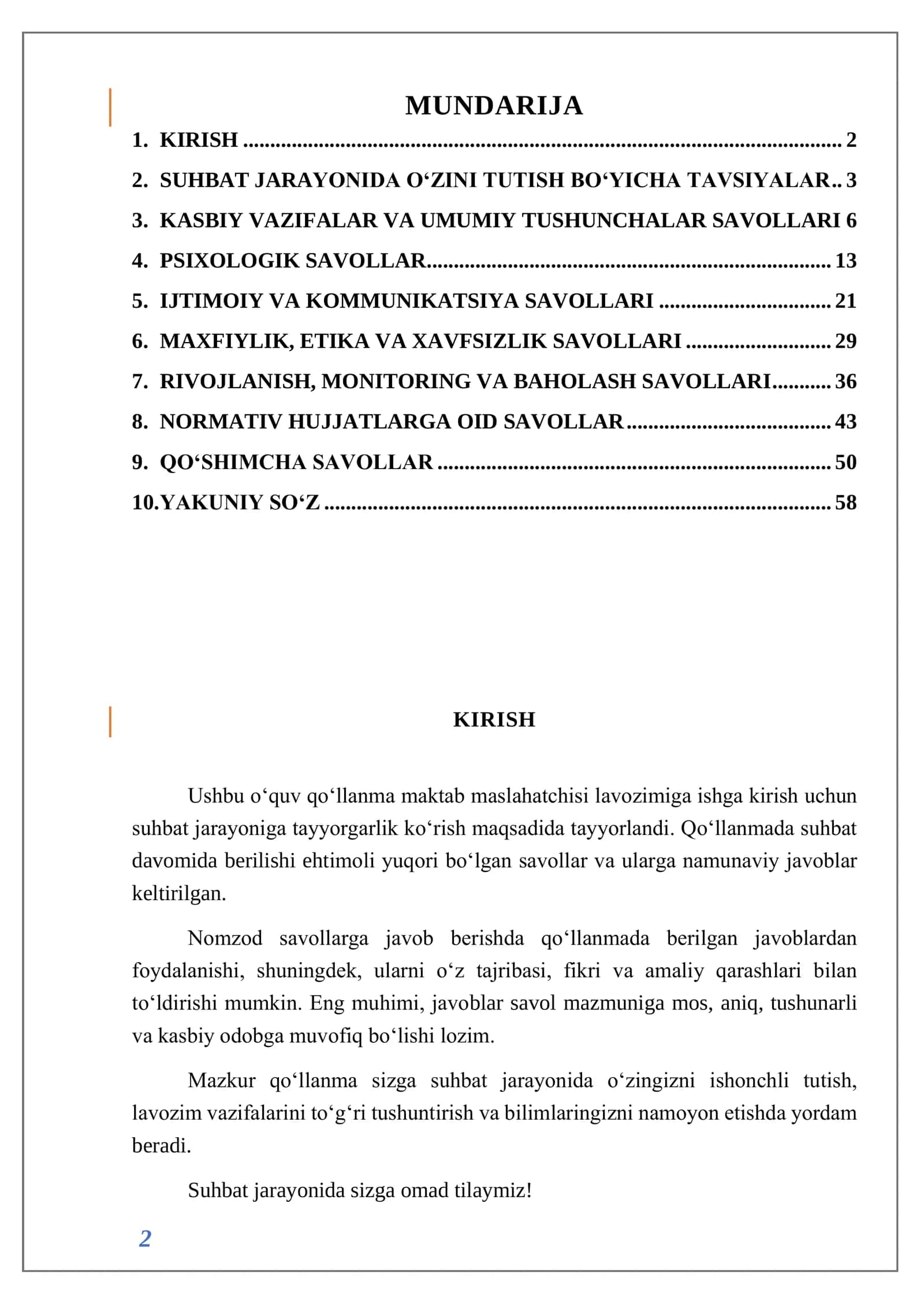 Maktab maslahatchisi Suhbat savollari va javoblari 2