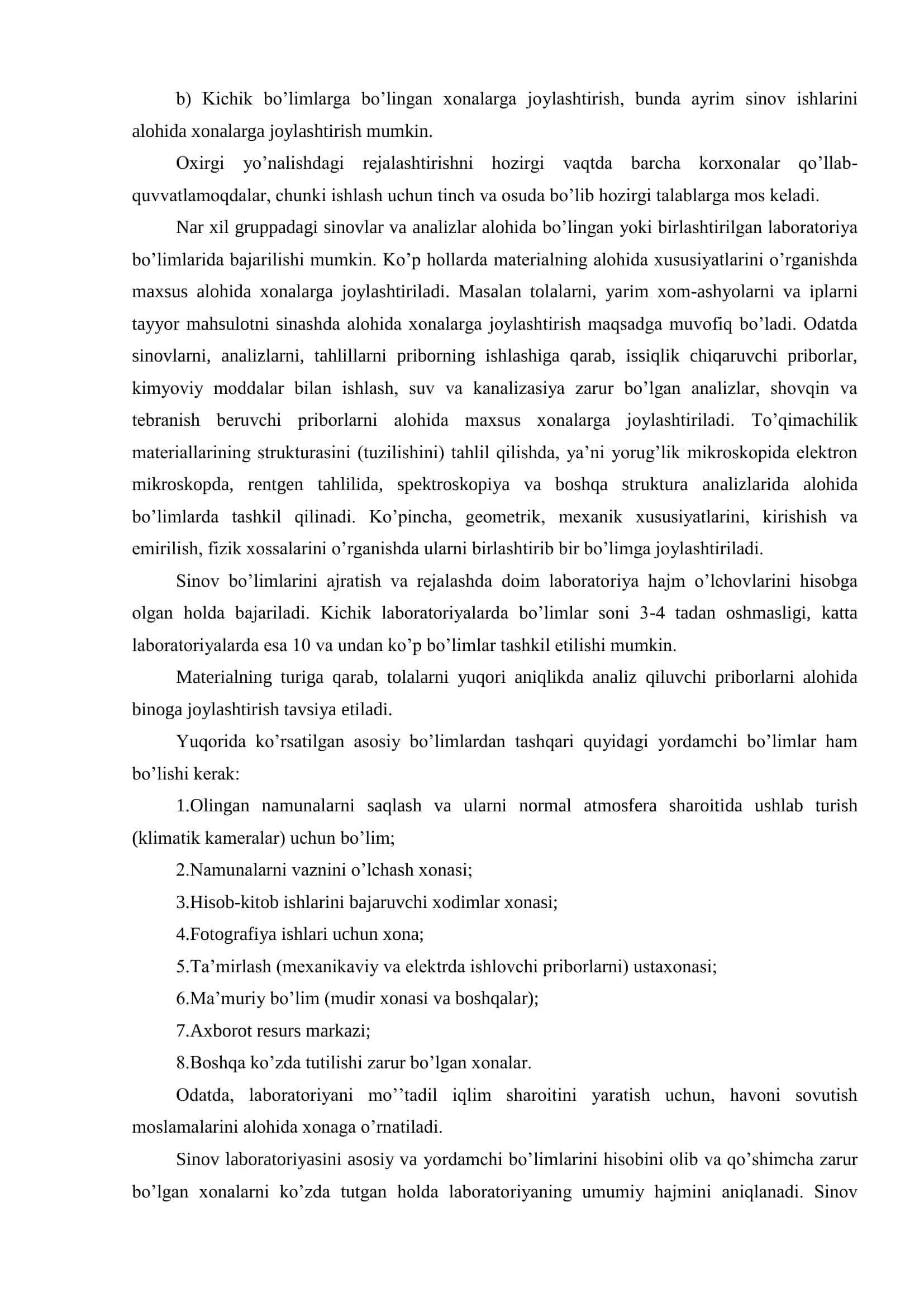 Zamonaviy sinov laboratoriya bino va xonalariga qo’yilaligan talablar 2