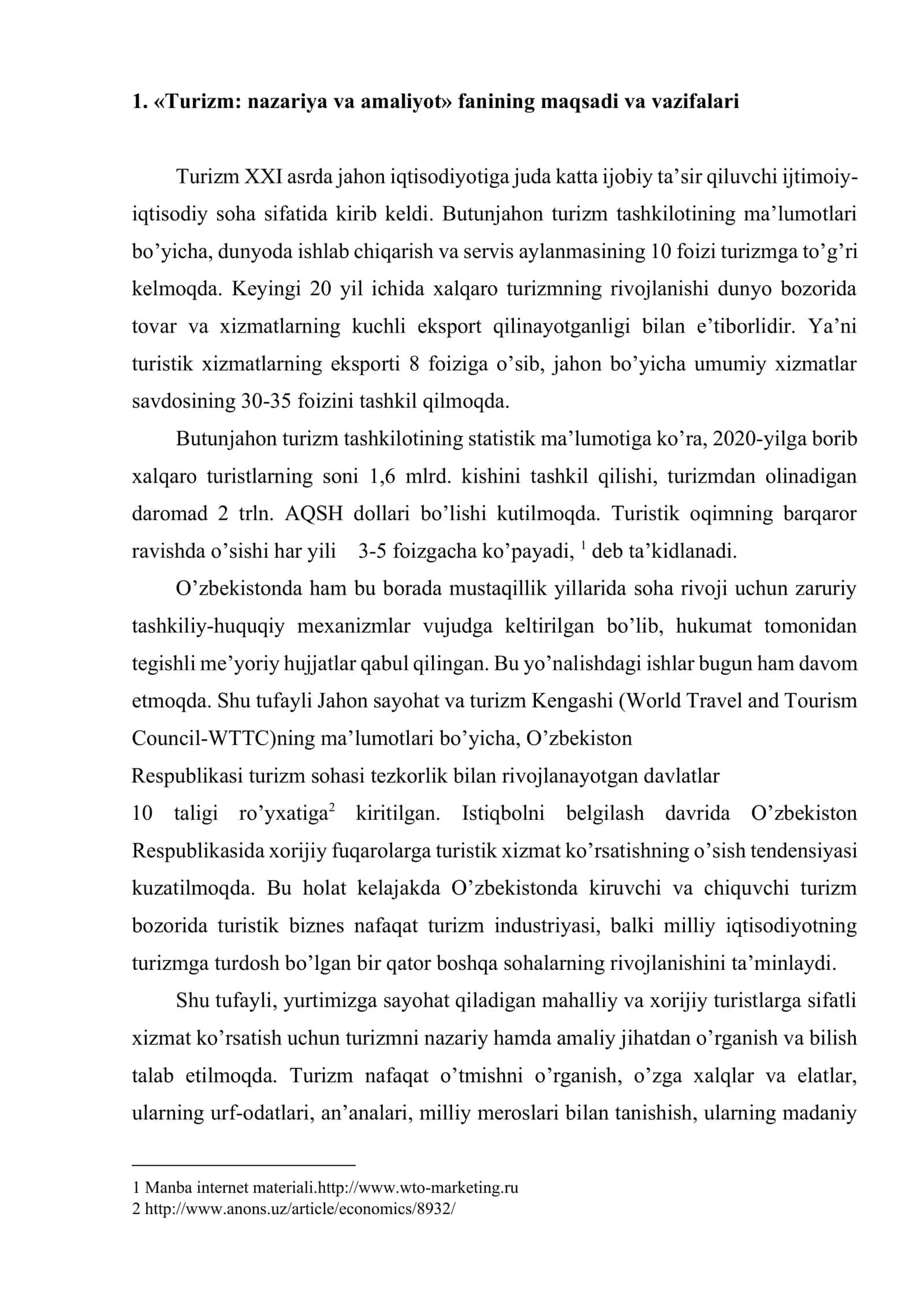 «Turizm: nazariya va amaliyot» faniga kirish 2