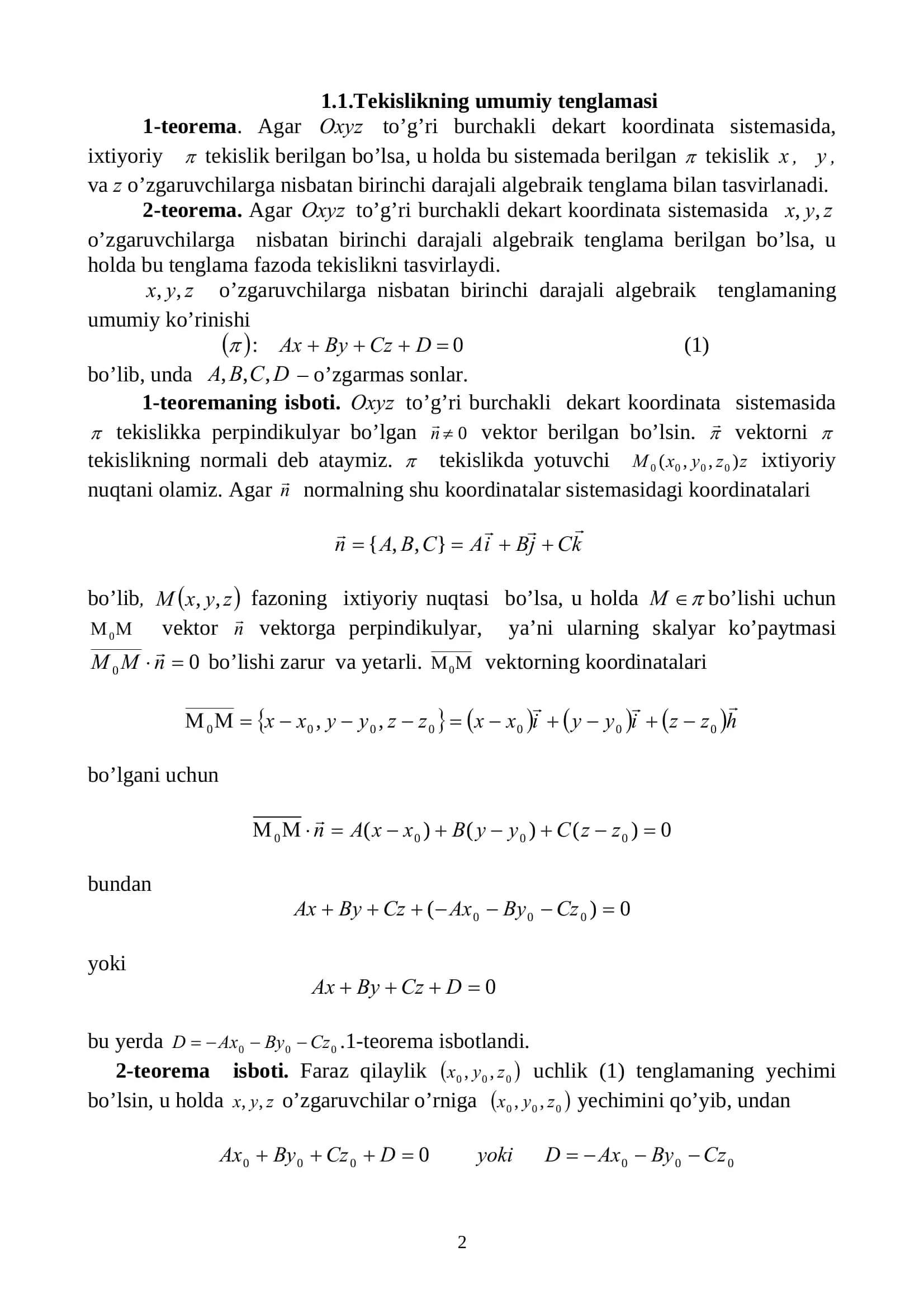 Oliy matematika: Fazoda tekislik va uning umumiy tenglamasi (PDF ma’ruza) 2