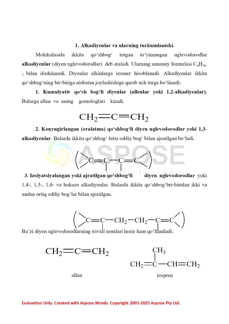 5. Alkadiyenlar – turkumlanishi, olinishi, reaksiyaga kirish qobiliyati. Tabiiy va sintetik kauchuklar. Referat 12 bet 2