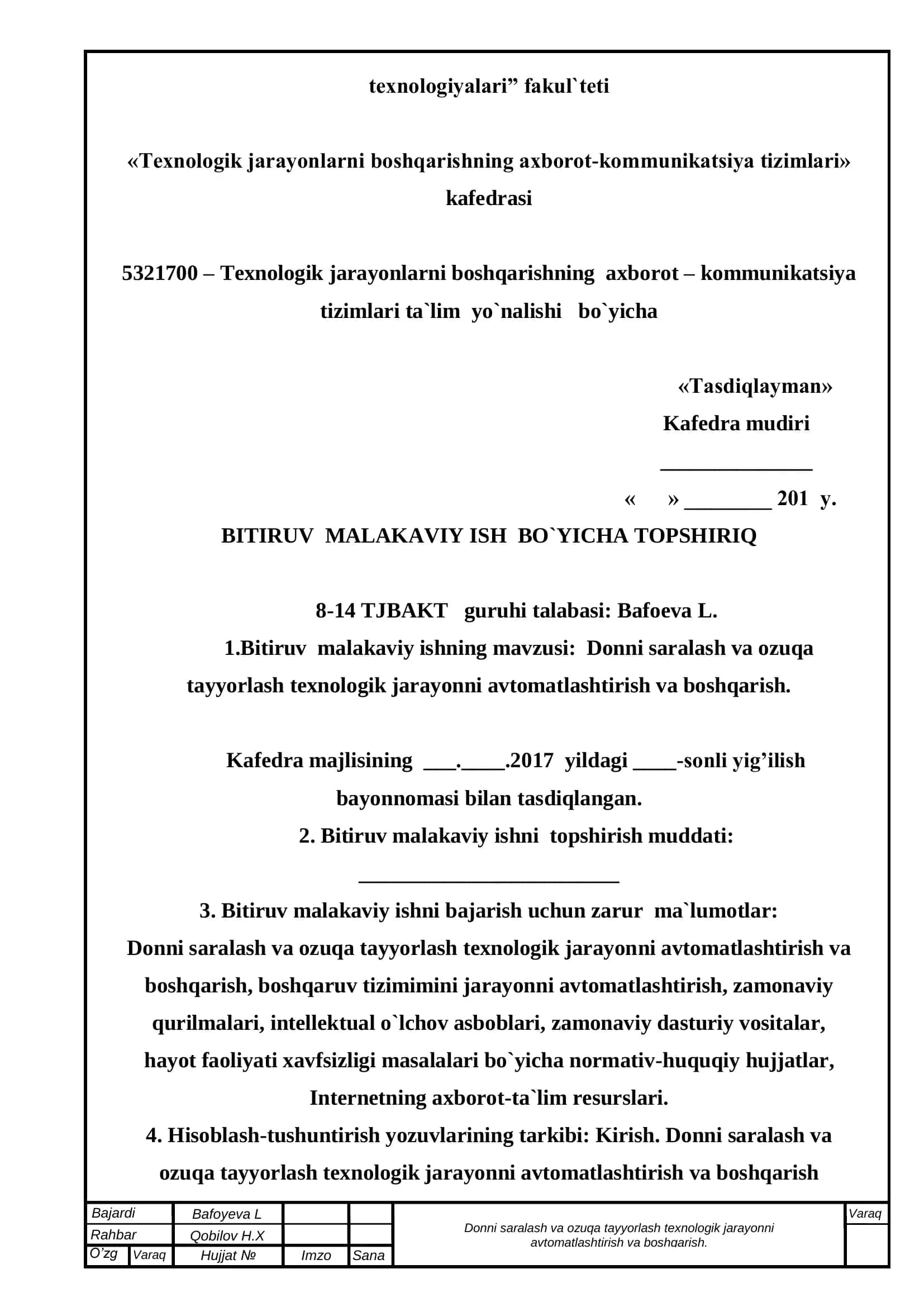 Donni saralash va ozuqa tayyorlash texnologik jarayonni avtomatlashtirish va boshqarish 2