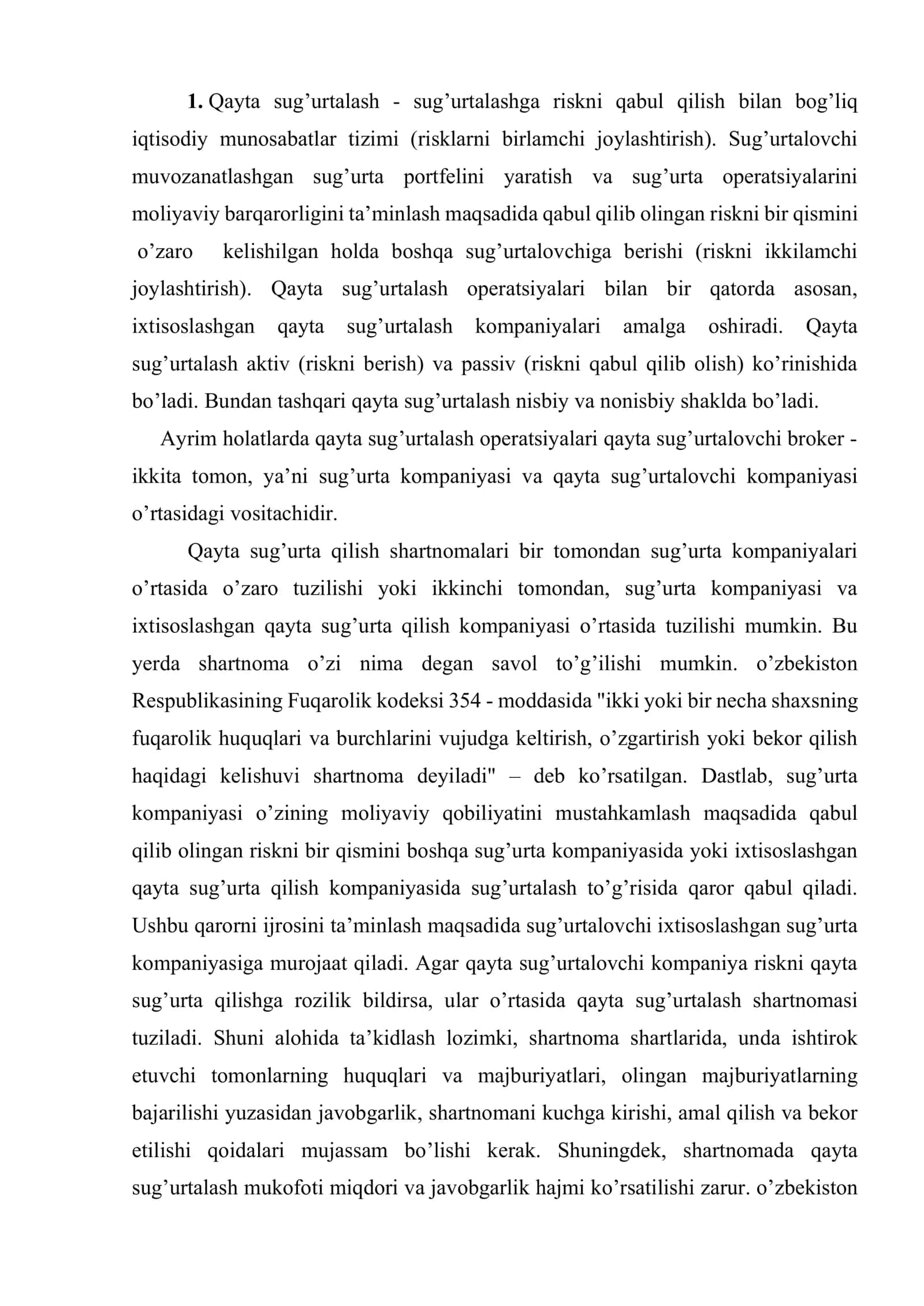 Qayta sug'urta tashkil etish tartibi 2