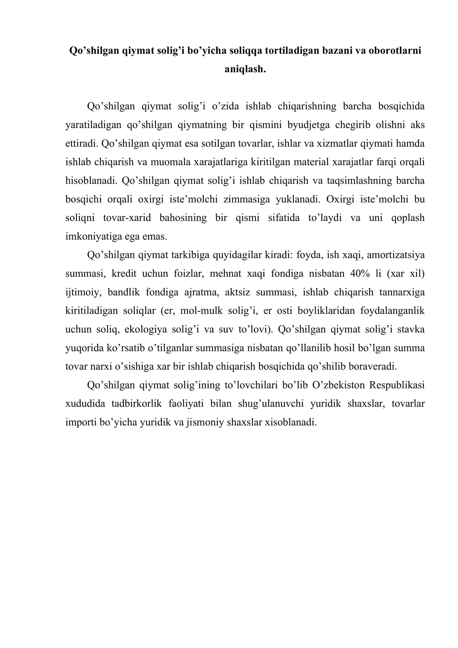 Qo’shilgan qiymat solig’i bo’yicha soliqqa tortiladigan baza va o’rtacha soliq stavkasini aniqlash 2