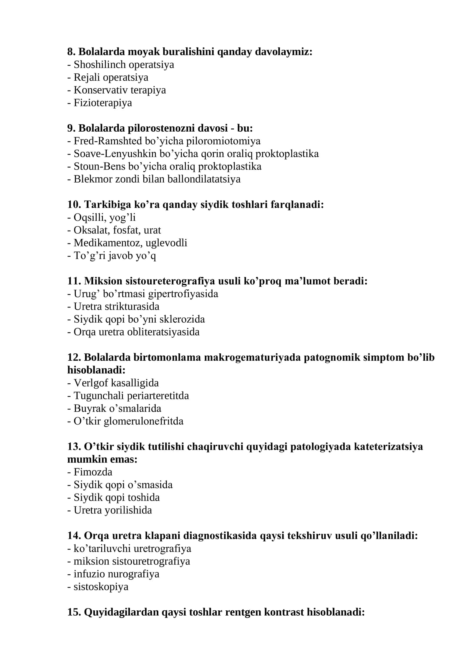 Bolalar xirurgiyasi mutaxassisligi bo’yicha shakllantirilgan test savollari ro’yxati 2