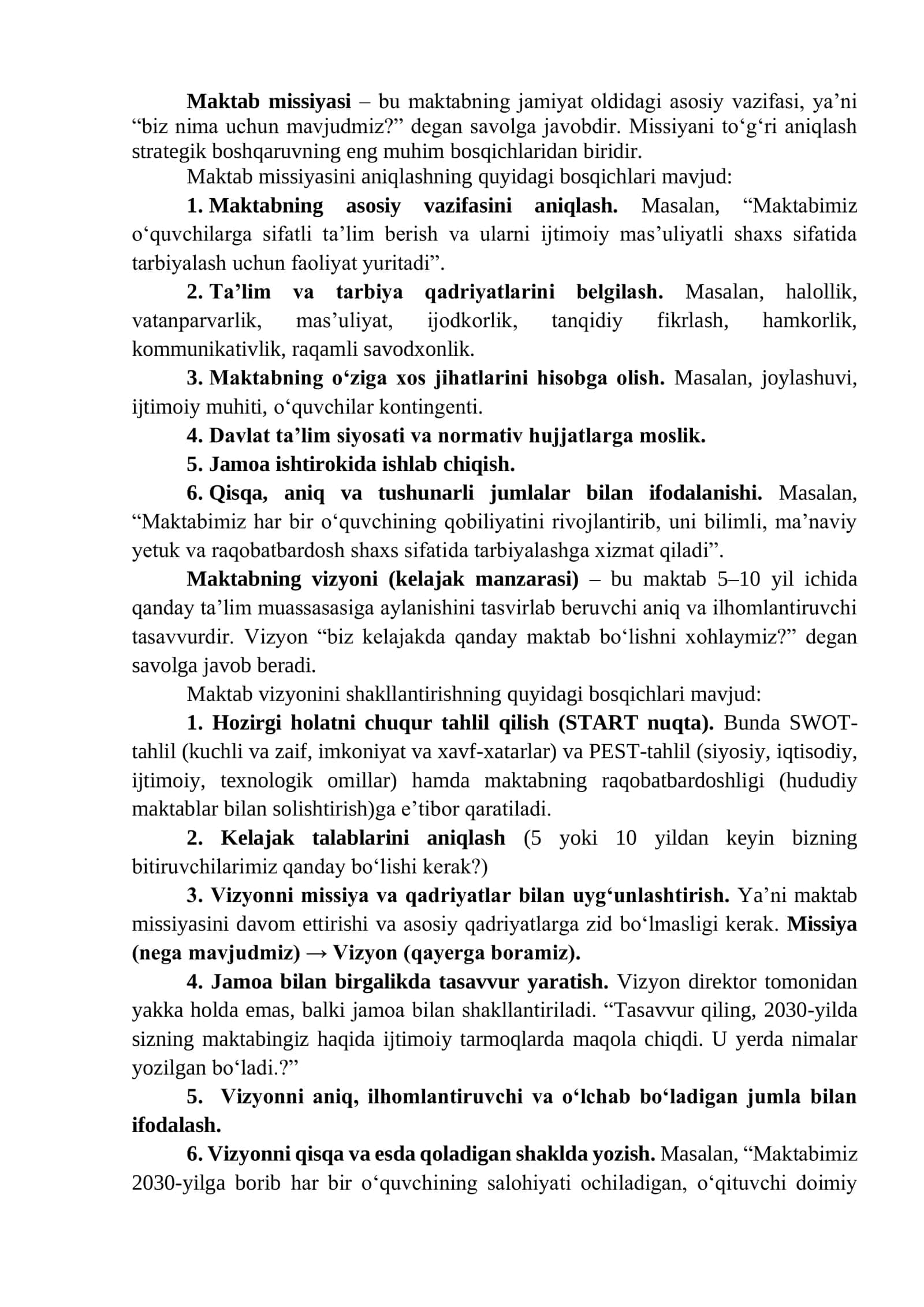 Menejerlik o'uv kursi tinglovchilari uchun  STRATEGIK MENEJMENT (I. Ta’lim menejmenti moduli, 1.2-mavzu) 2