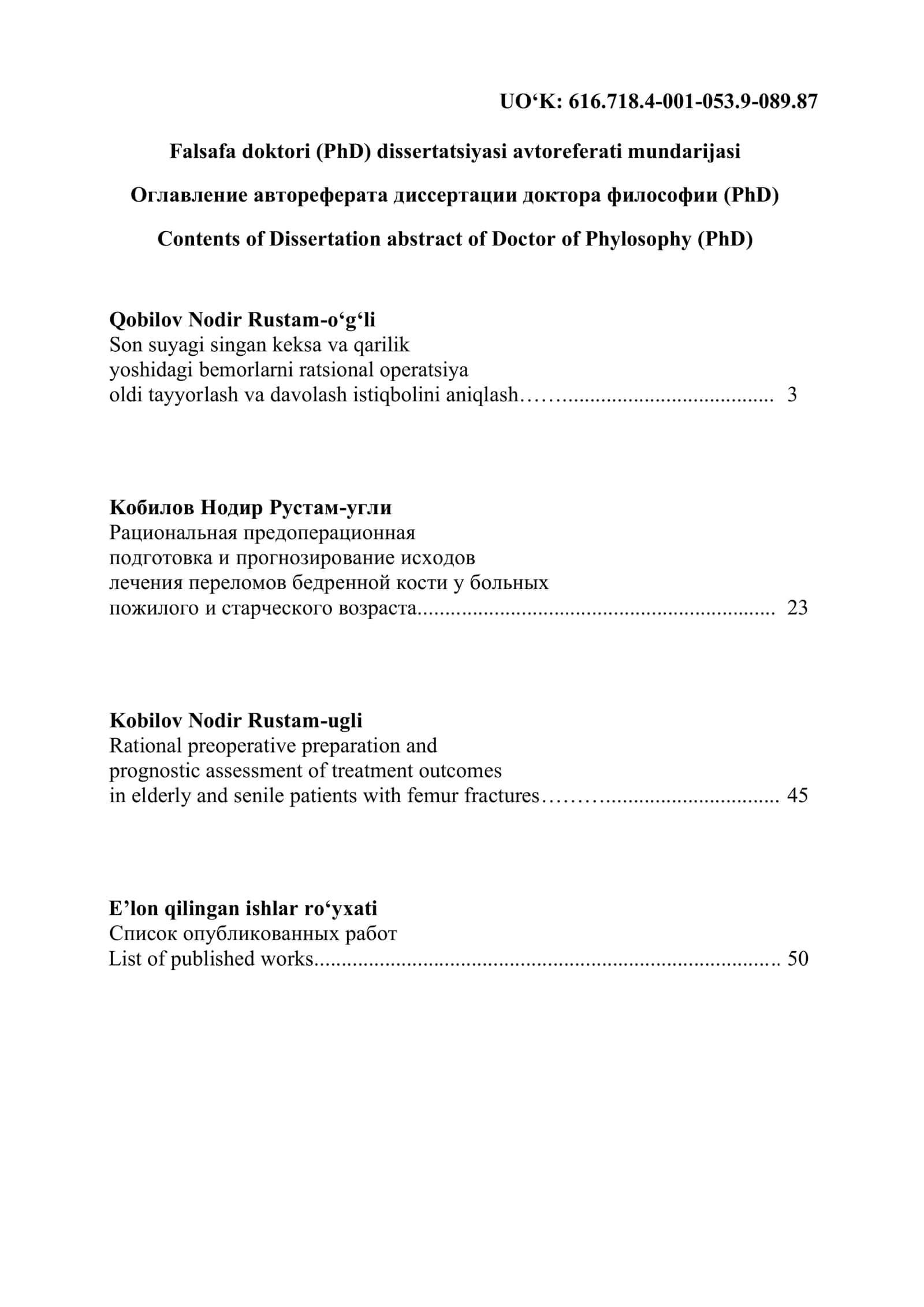 Travmatologiya va ortopediya Tibbiyot Fanlari Bo‘yicha Falsafa Doktori (PhD) dissertatsiyasi avtoreferati 2