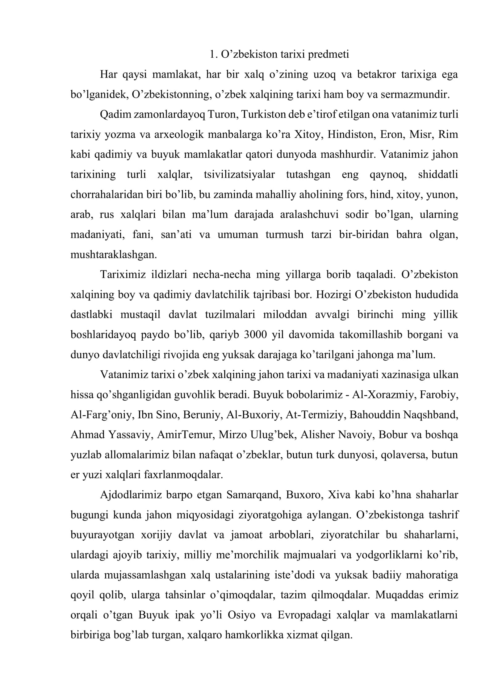 O’zbekiston tarixi fanining predmeti, uni o’rganishning nazariy-metodologik asoslari, manbalari va ahamiyati 2