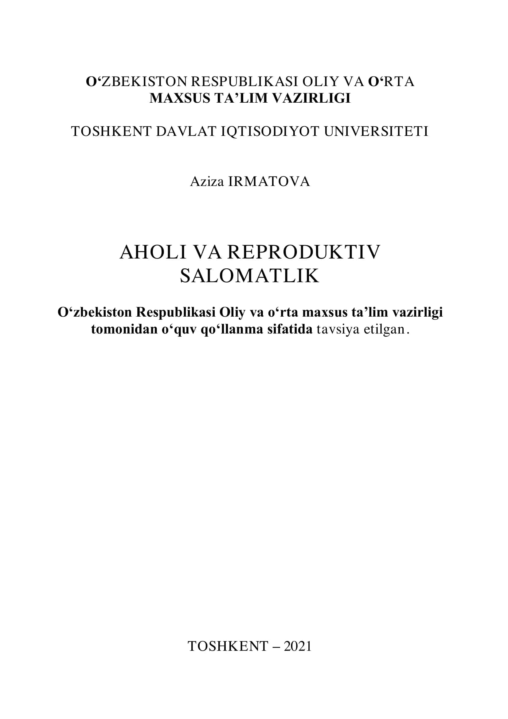 Irmatova A.B. Aholi va reproduktiv salomatlik 2