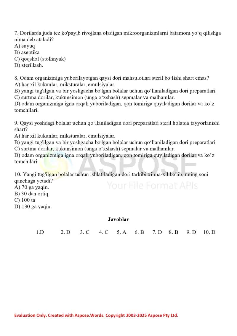 Aseptika sharoitini yaratishning o’ziga xos tomonlari va muammolari. Test 10 ta, javobli. 2