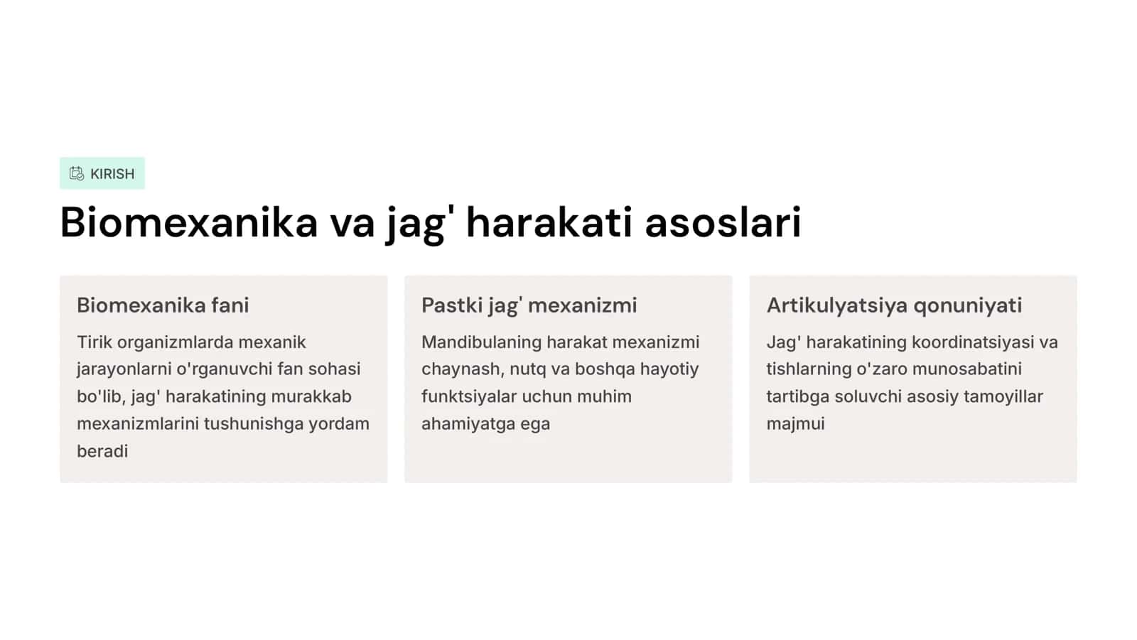 Pastki jag‘ xarakati biomexanikasi.tranzverzal kesuv yo‘li burchagi.Artikulyatsiya qonuniyati.Gizi bo‘yicha chaynov xarakati fazalari, fiziologik tinchlik xolati. 2