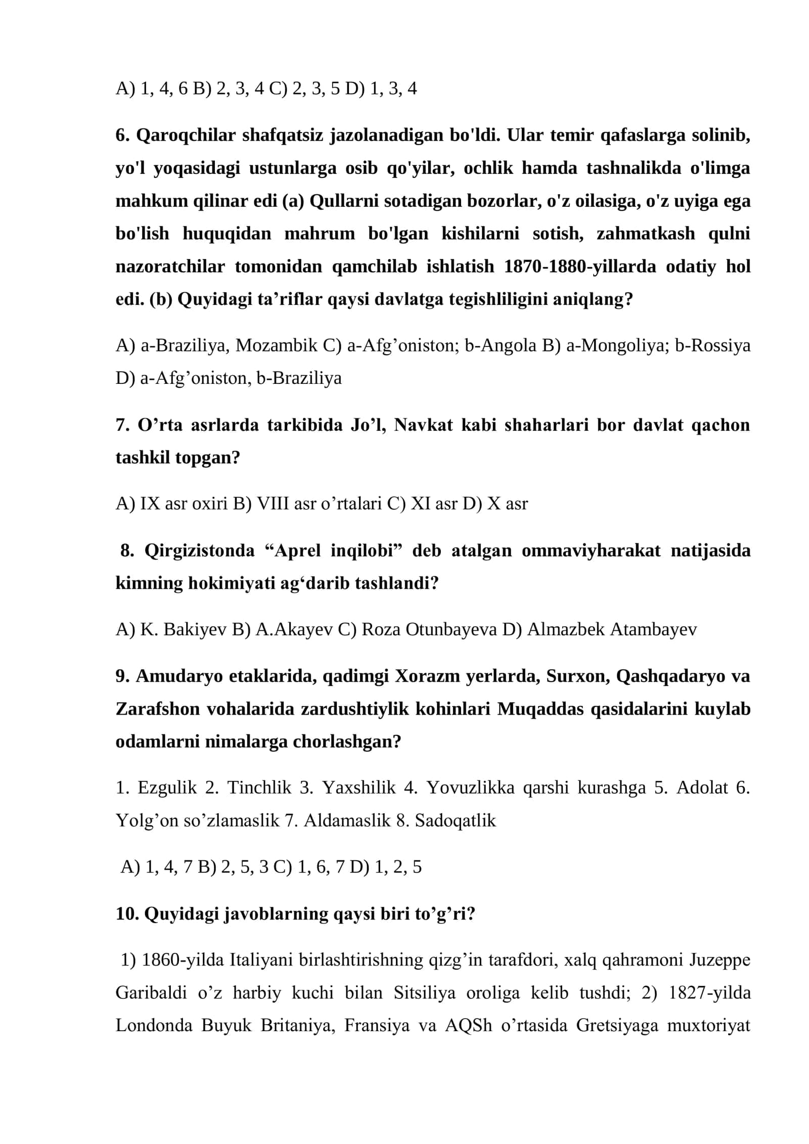 Tarix fanidan Murakkab testlar 2