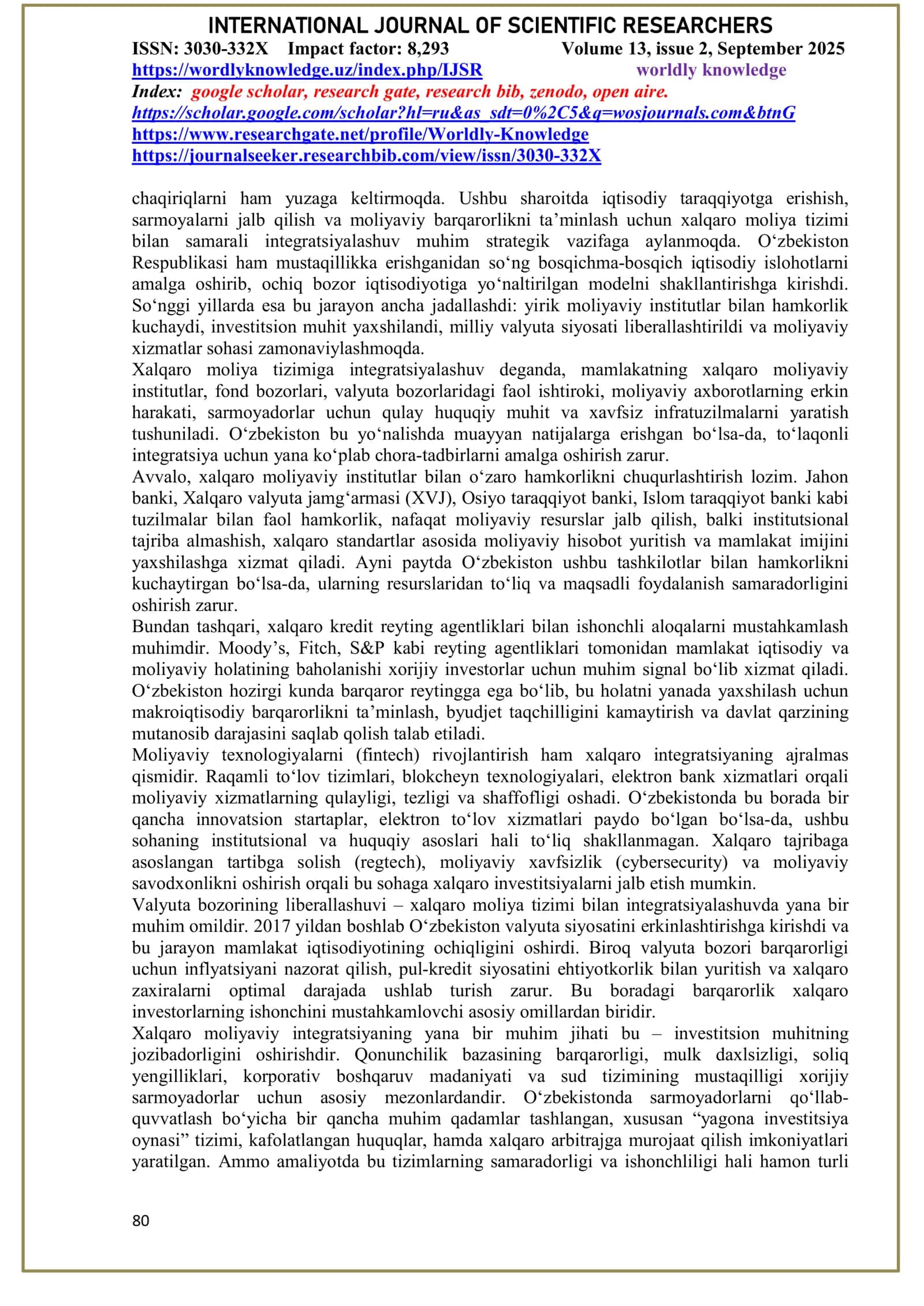 O‘ZBEKISTONNING XALQARO MOLIYA TIZIMIGA INTEGRATSIYALASHUVINI JADALLASHTIRISH IMKONIYATLARI 2