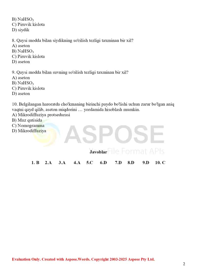 8. Uchuvchan moddalarni mikrodiffuziya usulida tahlili. Test, 10 ta 2