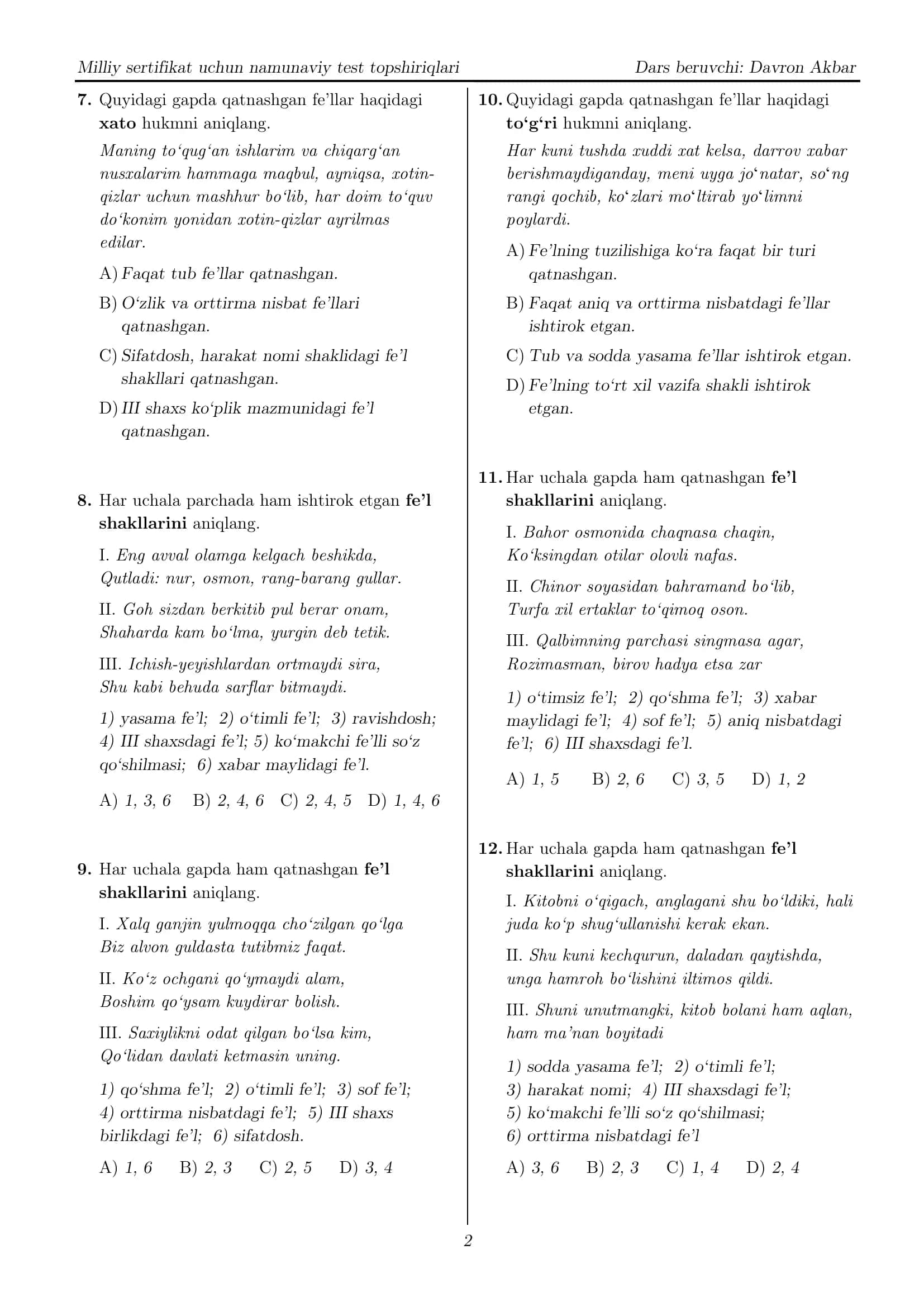 Milliy sertifikat uchun namunaviy test topshiriqlari. fe'l so'z turkumi 1-test 2