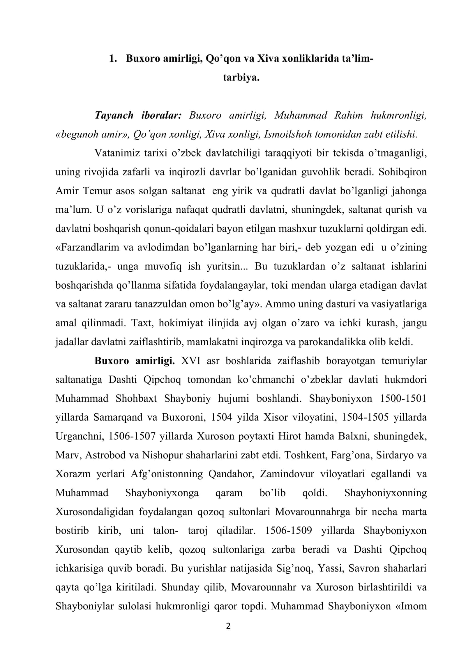 XVII asrdan xix asrning yarmigacha tarbiya, maktab va pedagogik fikrlar rivoji. IX asrning oxiri XX asr boshlarida turkistonda ta’lim tizimi 2