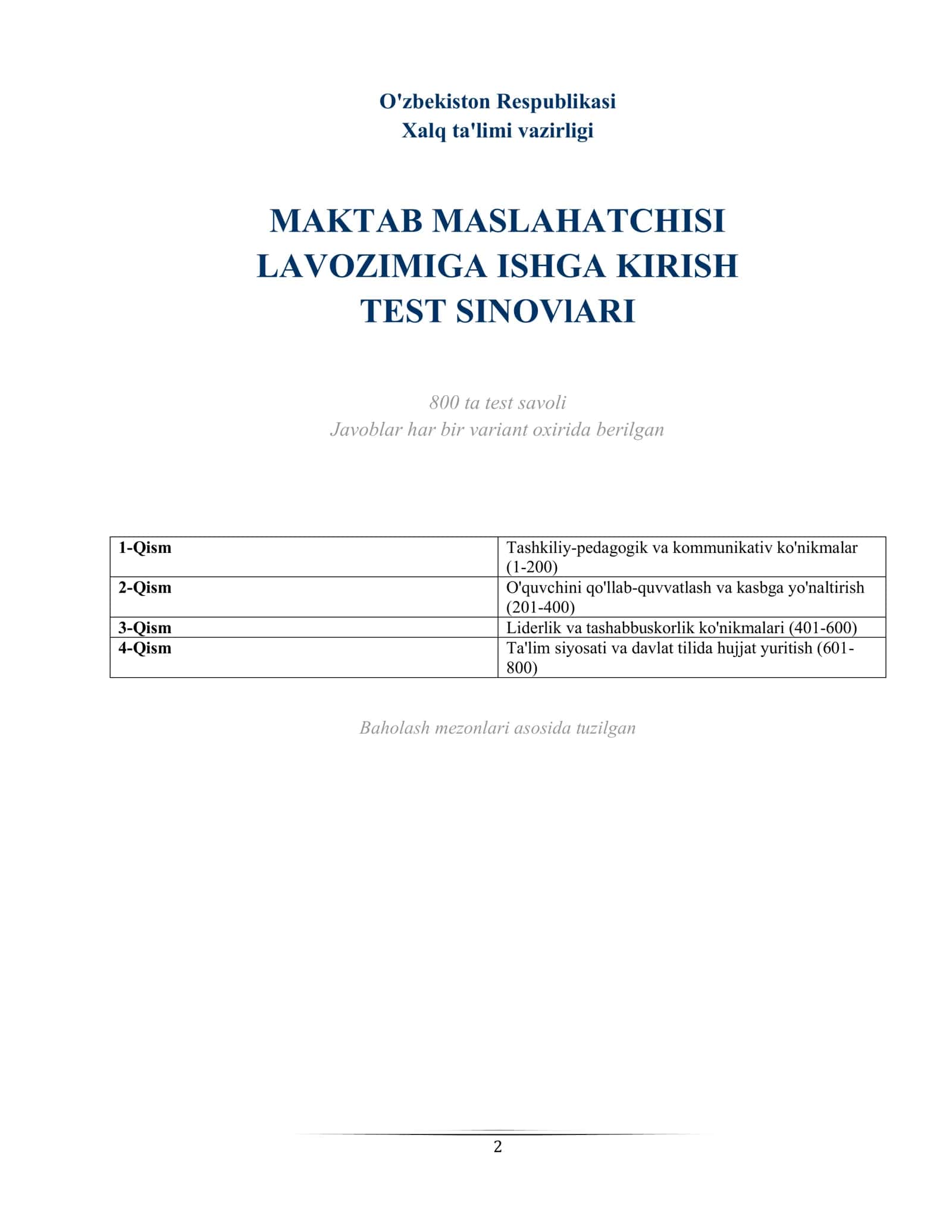 MAKTAB MASLAHATCHISI LAVOZIMIGA ISHGA KIRISH TEST SINOVlARI 2