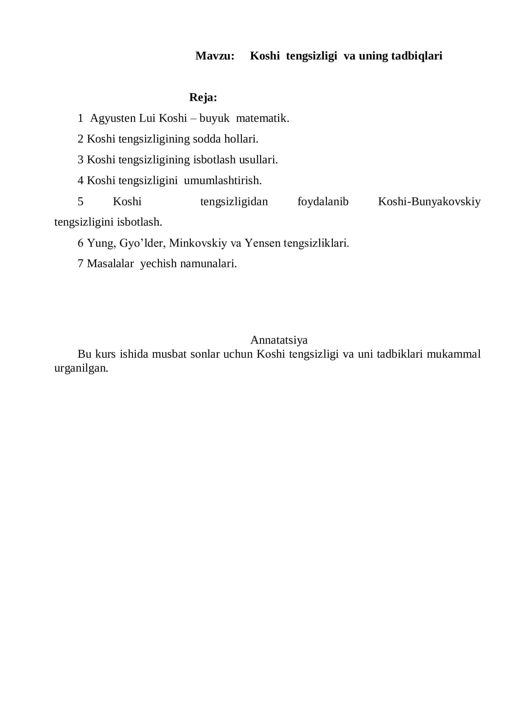 Koshi tengsizligi va uning tadbiqlari 2