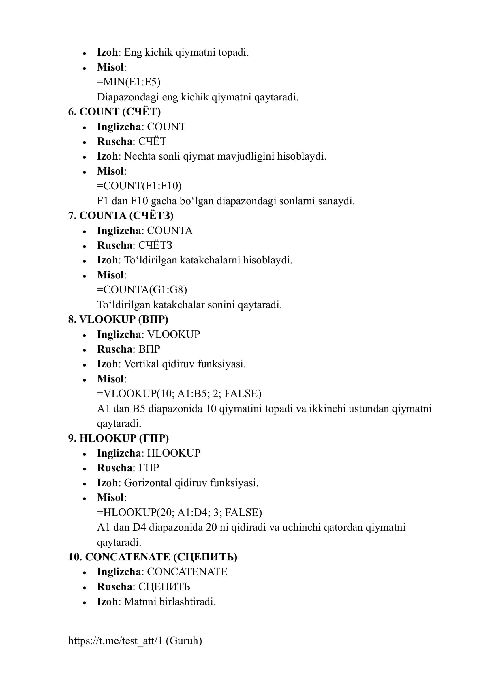 Excell dasturi barcha funksiyalarining vazifalari berilgan o'zbek rus va ingiliz tillarida 2