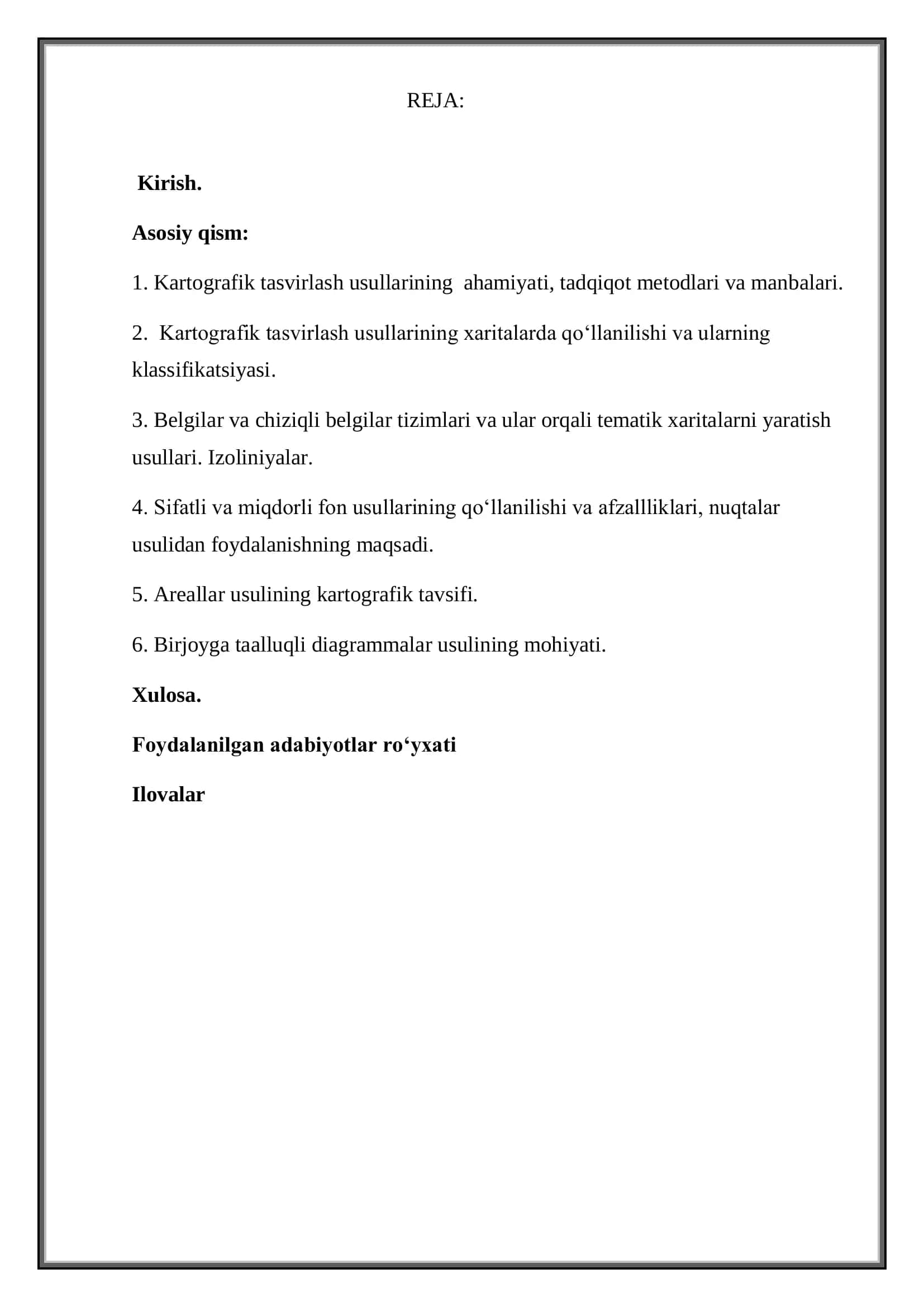 Belgilar, chiziqli belgilar, izoliniyalar, sifatli va miqdorli fon, nuqtalar, areallar, bir joyga taalluqli diagrammalar usuli 2