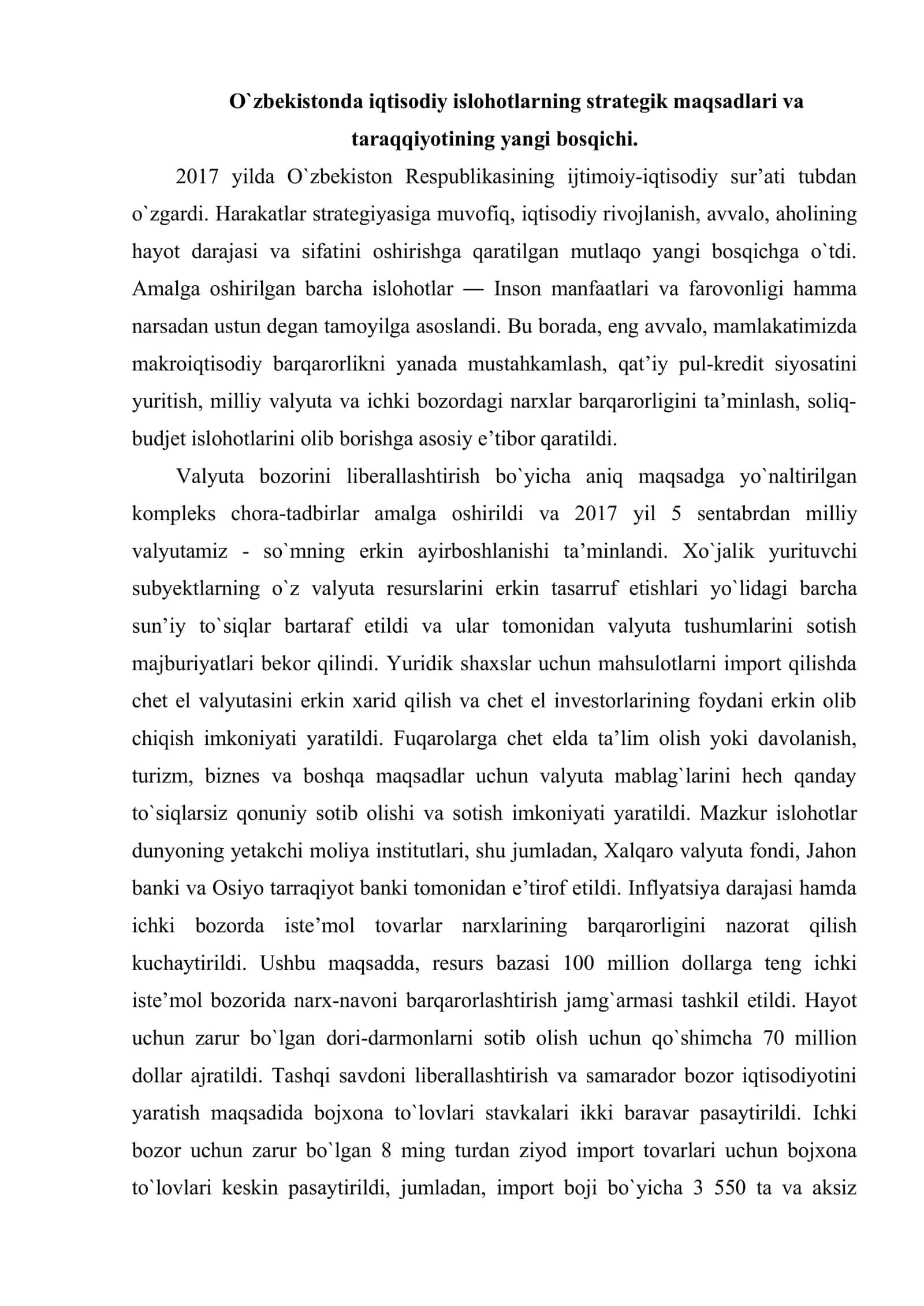 O`zbekistonda iqtisodiy islohotlarning strategik maqsadlari va taraqqiyotining yangi bosqichi 2