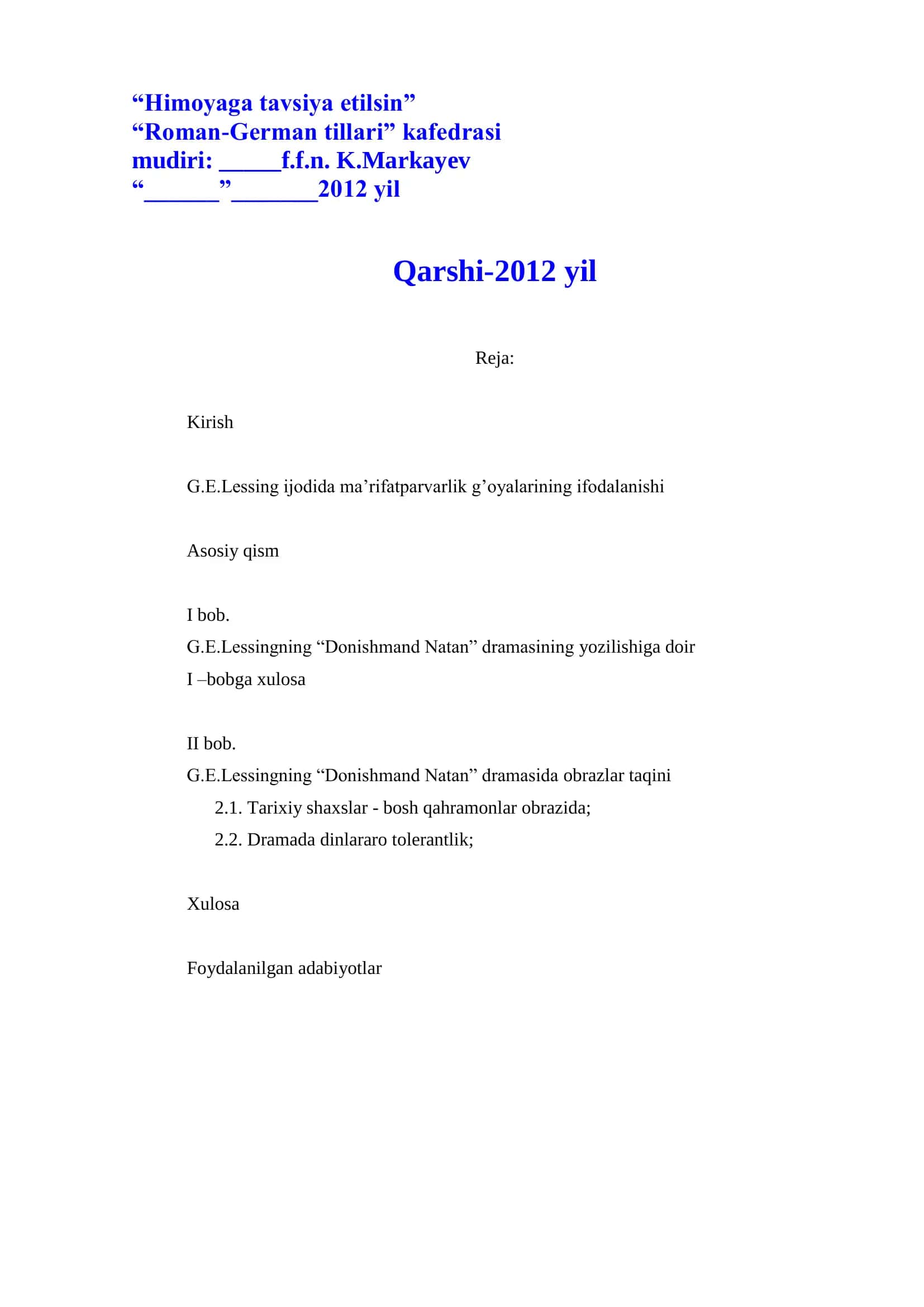 G.E.Lessingning “Donishmand Natan” dramasi va uning yozilish tarixiga doir 2
