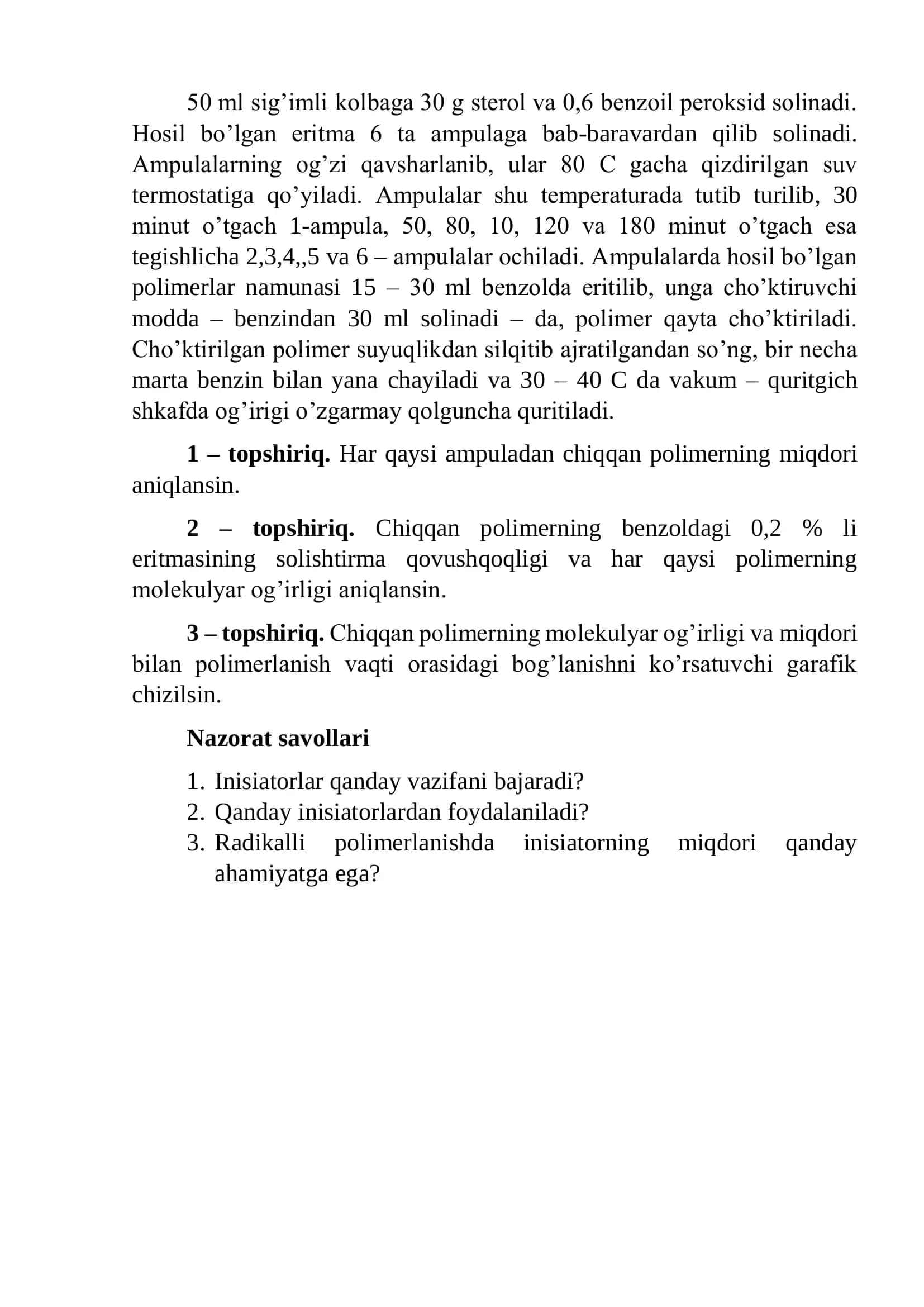 Radikal polimerlanish reaksiyalari asosida polistirolni  sintez qilish kinetikasini o’rganish 2