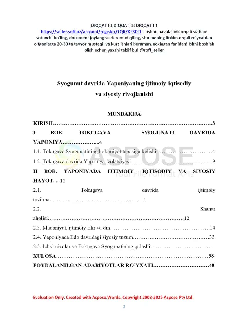 Syogunut davrida Yaponiyaning ijtimoiy-iqtisodiy va siyosiy rivojlanishi (Kurs ishi) 2