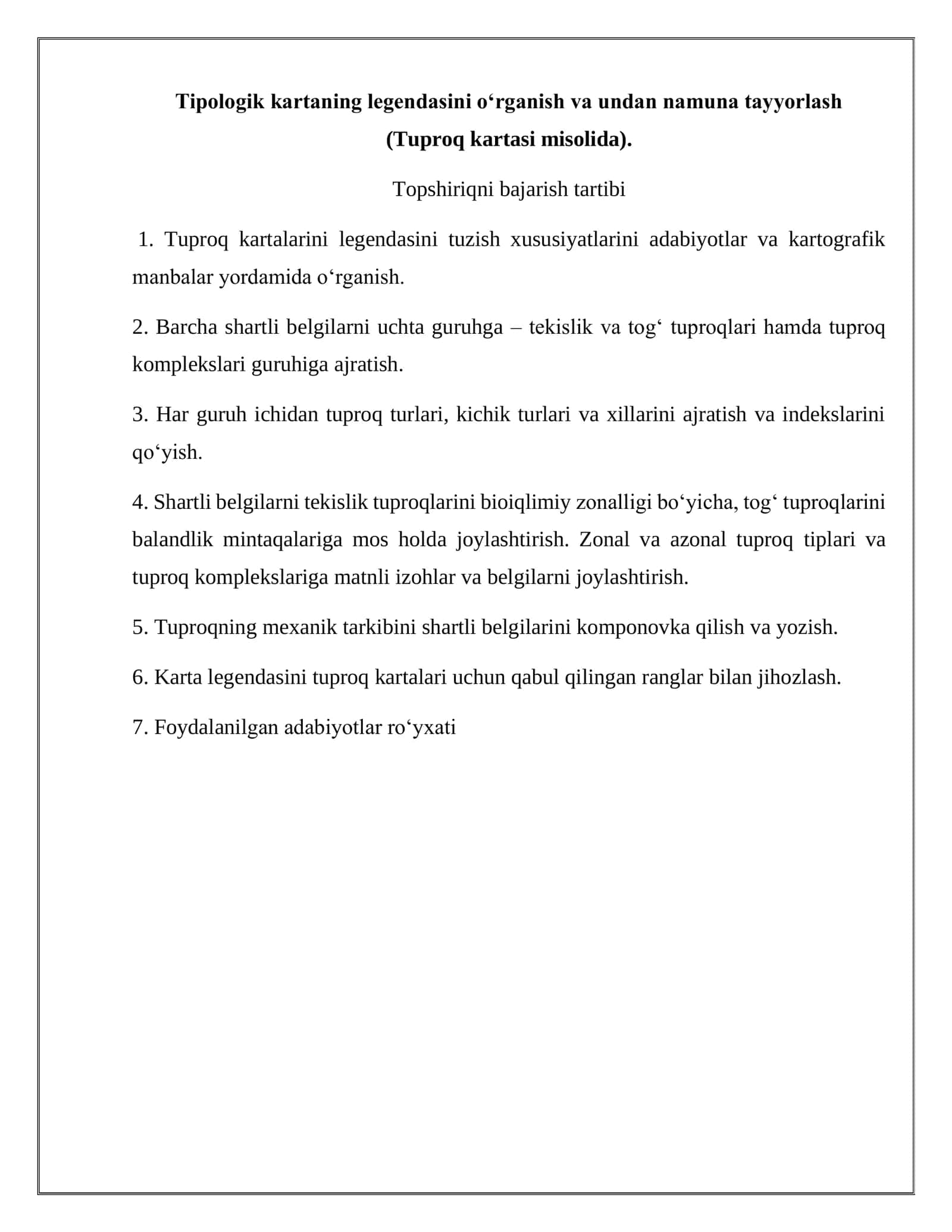 Tipologik kartaning legendasini o‘rganish va undan namuna tayyorlash  (Tuproq kartasi misolida). 2