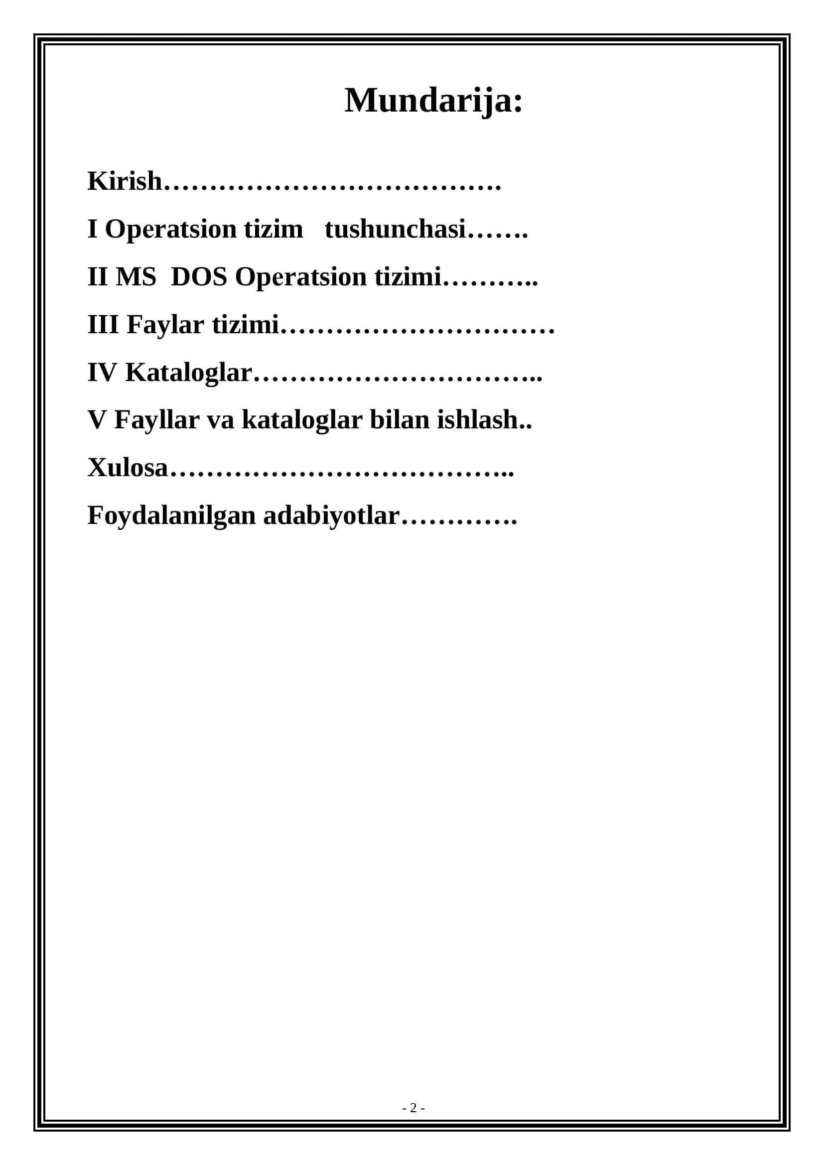 Dos ning ichki buyruqlarini qo’llanilishi bo’yicha YOTEK 2