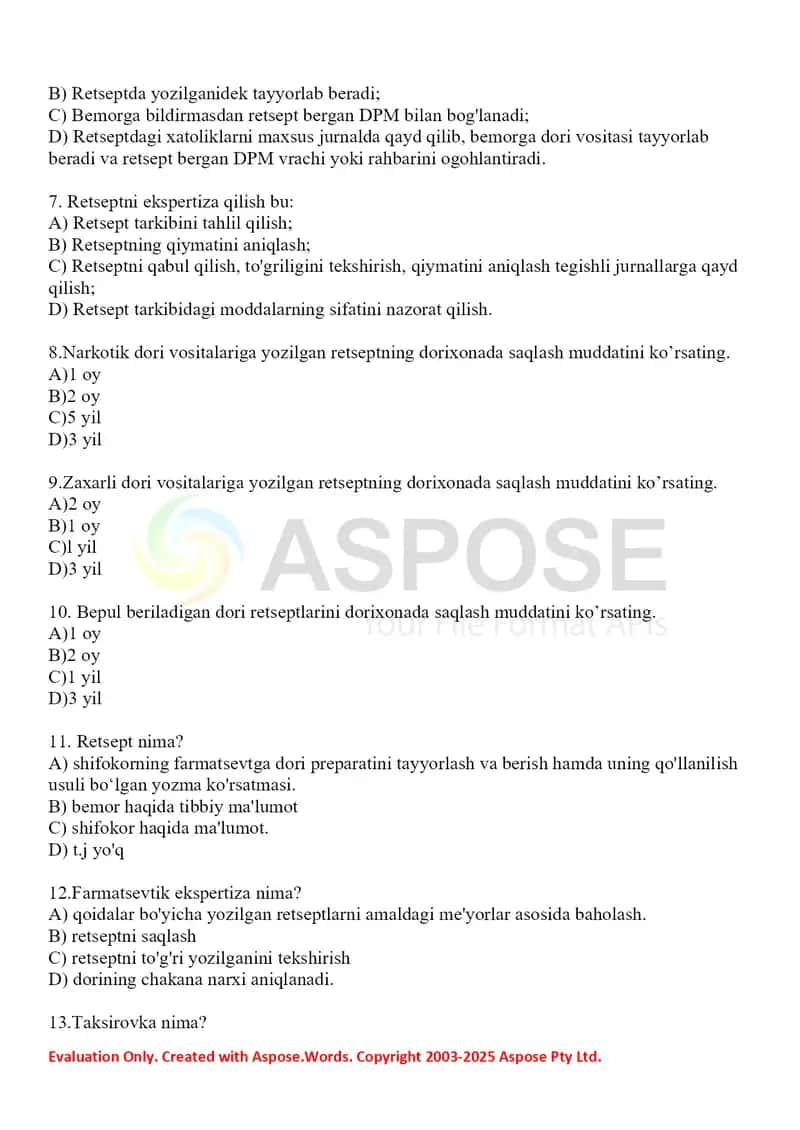 7. Retseptlarni taskirovka qilish. Test 20 ta javobi bilan. 2