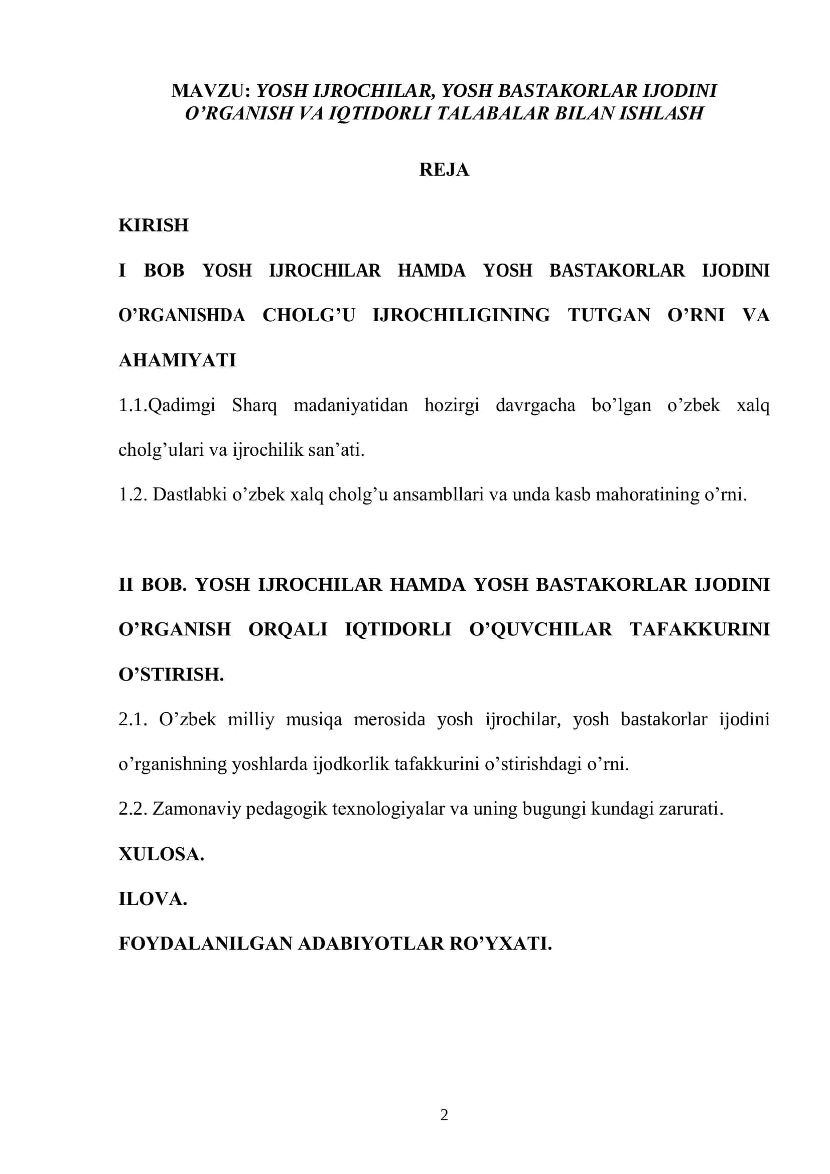 YOSH IJROCHILAR, YOSH BASTAKORLAR IJODINI O’RGANISH VA IQTIDORLI TALABALAR BILAN ISHLASH 2