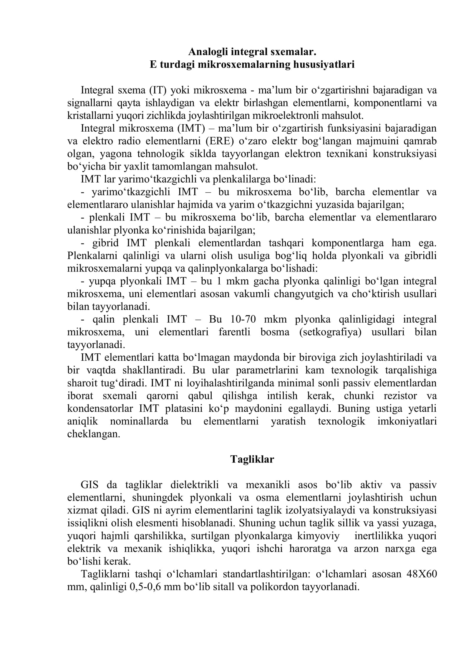 Analogli integral sxemalar. Eturdagi mikrosxemalarning hususiyatlari 2