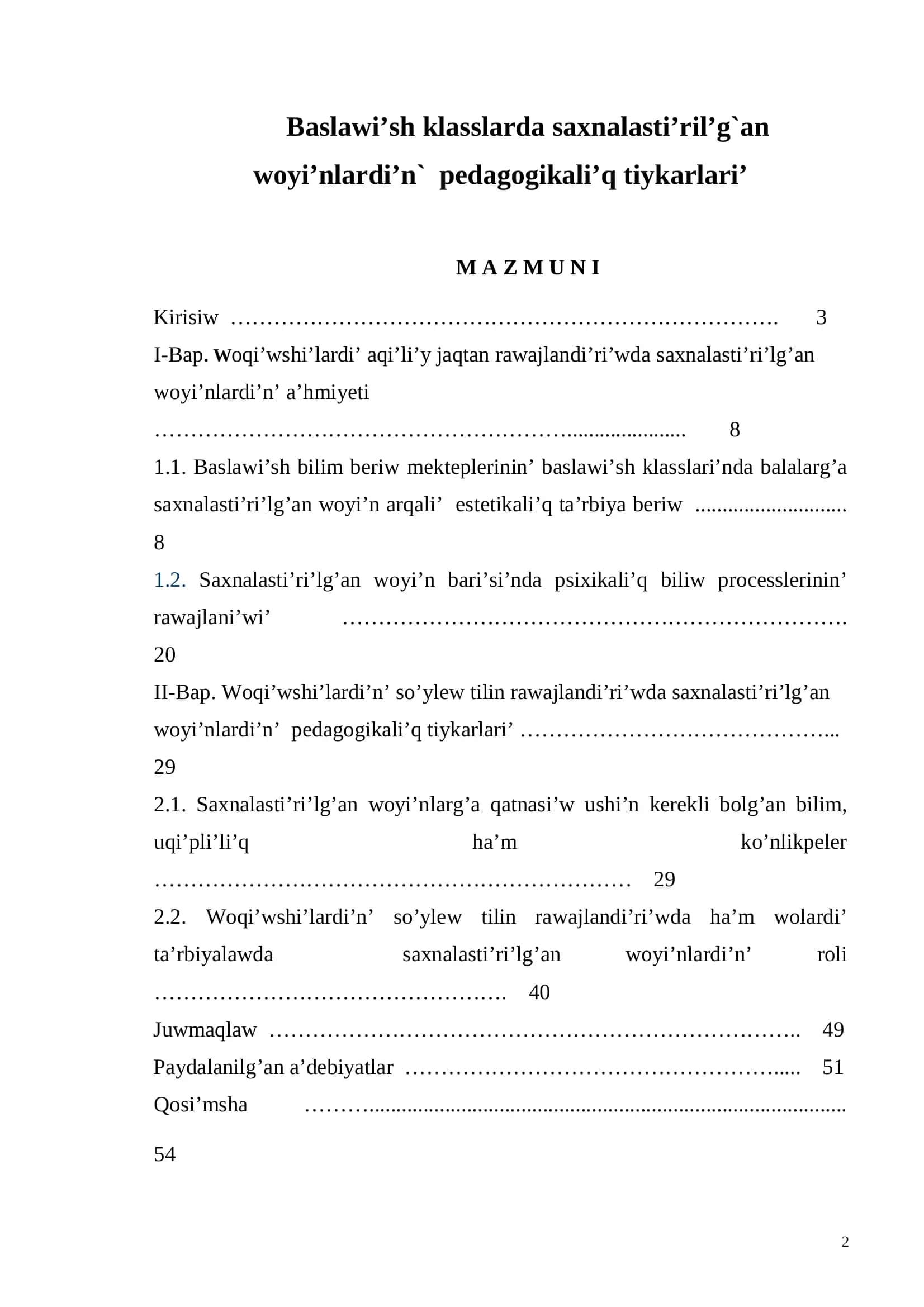 Baslawi’sh klasslarda saxnalasti’ril’g`an woyi’nlardi’n` pedagogikali’q tiykarlari’ 2